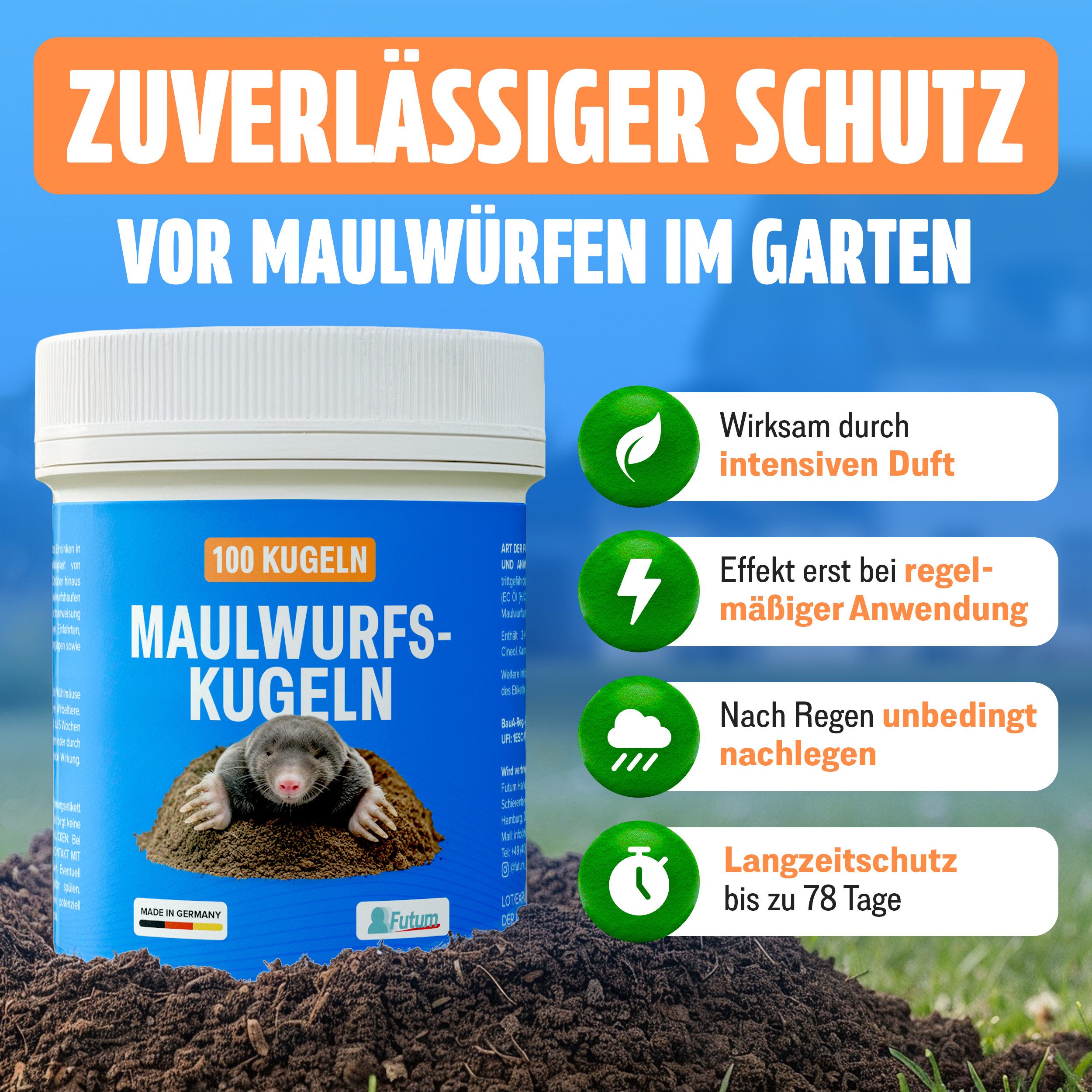 FUTUM Vergrämungsmittel 100er Maulwurf-Kugeln 100 Kugeln zur Maulwurfs Abwehr, 100-St., MADE IN GERMANY – Bild 2 von 5