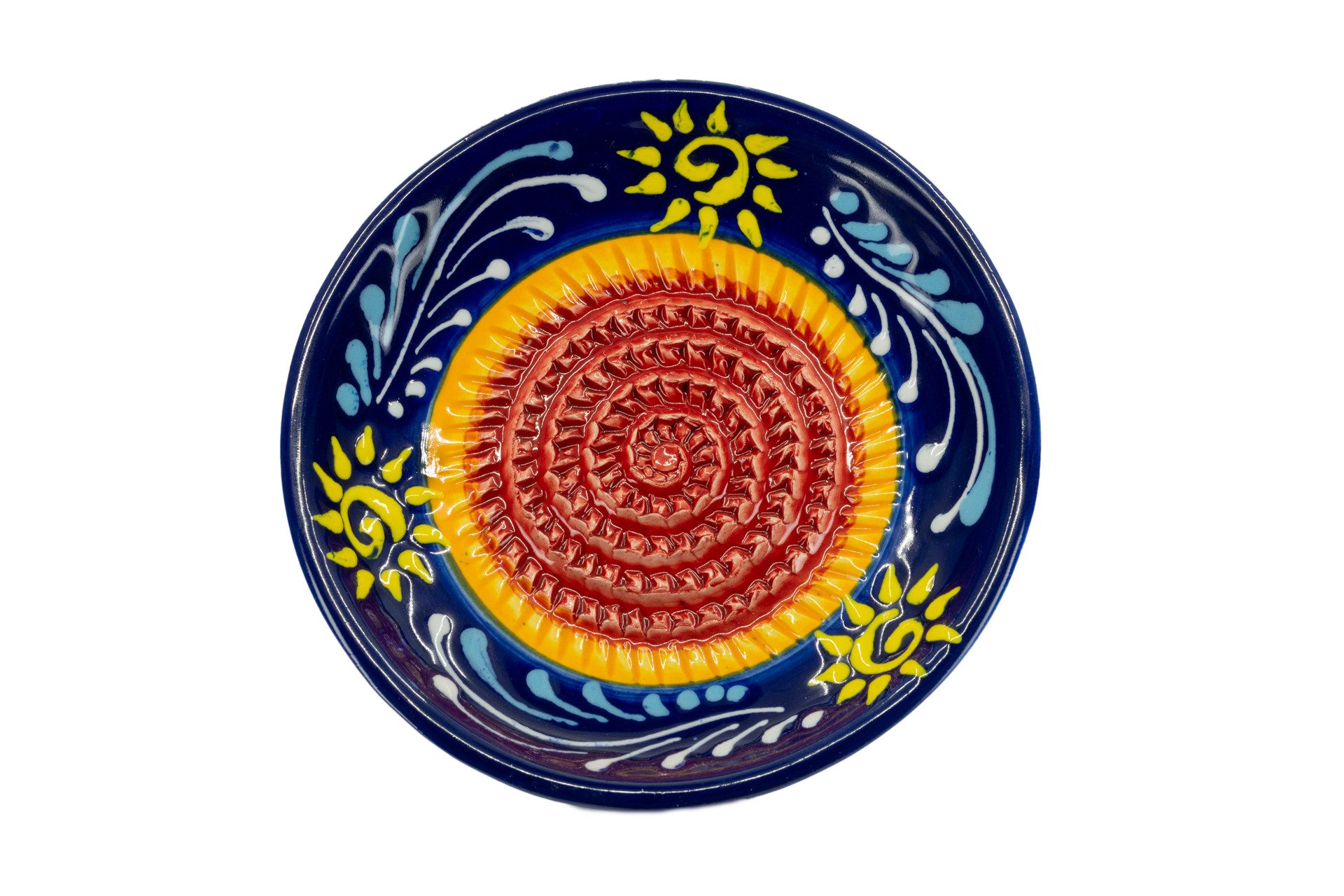 Kaladia Multireibe Reibeteller in blau und rot mit Sonnenmusterung, Keramik, handbemalte Küchenreibe - Made in Spain