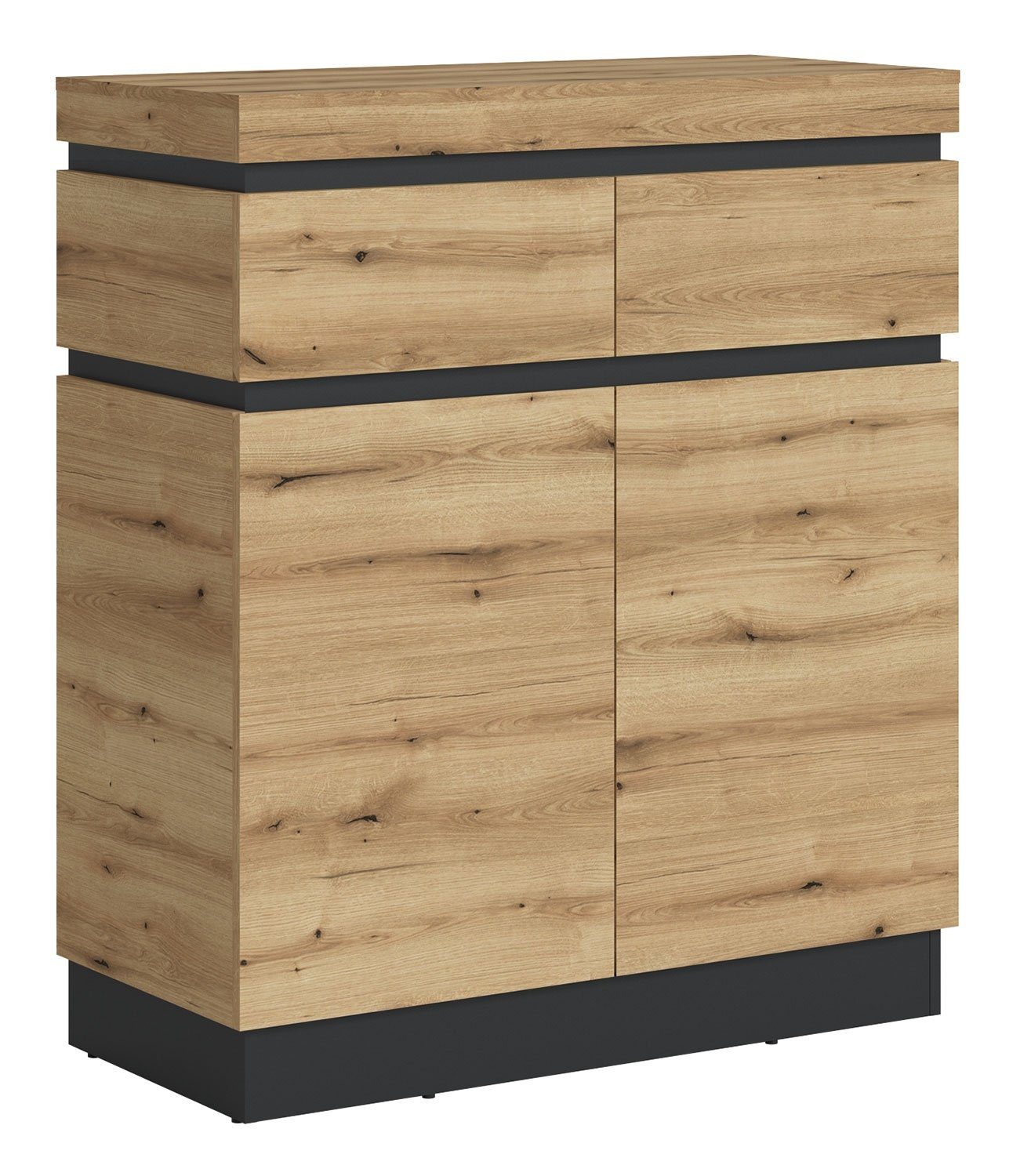 !Solid Schuhschrank CORTE, B 100 cm x H 116 cm, Coast Evoke Eiche Dekor, Grau, 2 Türen, 2 Schubladen