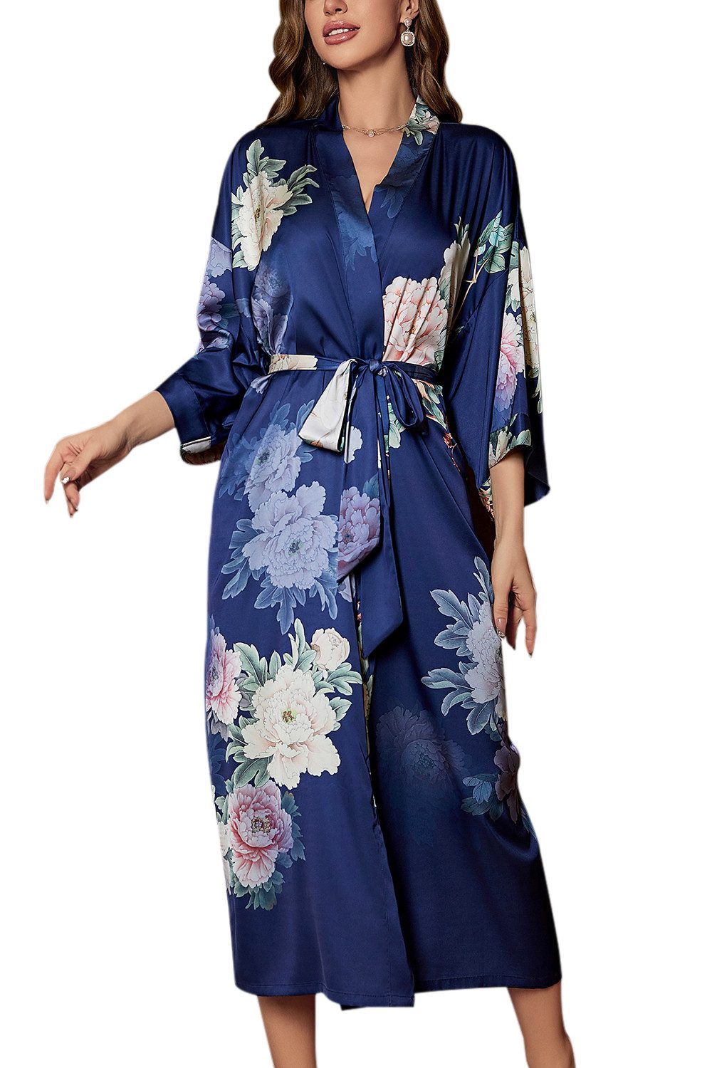 B.X Morgenmantel Lässiger langärmliger Morgenmantel aus Satin mit Blumendruck, Kimonokragen, Stilvoller luxuriöser Damen-Kimono zum Schnüren