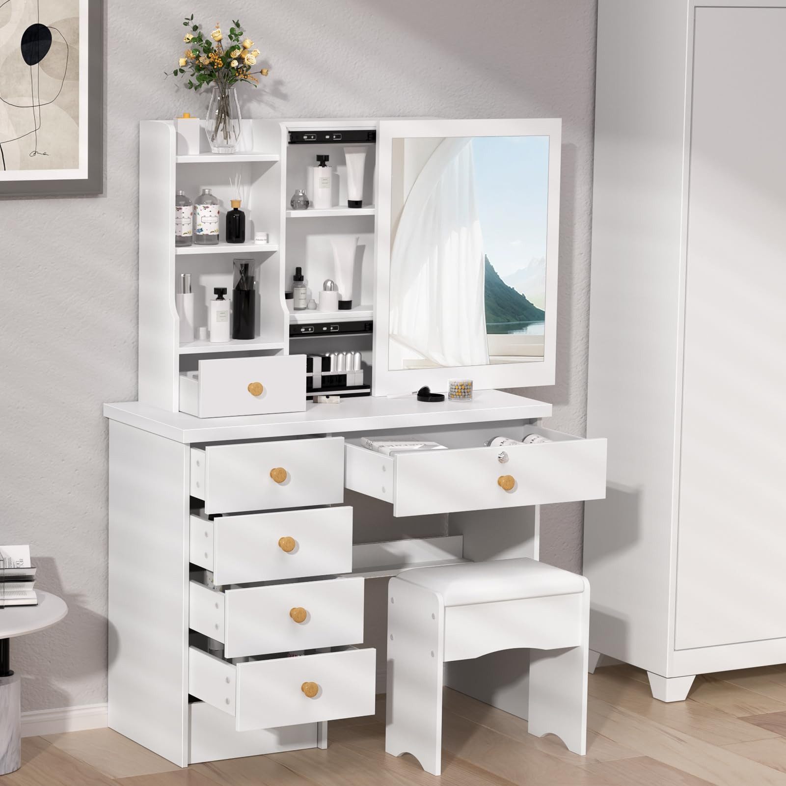 Rutaqian Schminktisch Frisiertisch mit Spiegel,6 Schubladen,3 offenes Regal,1 Hocker,Modern (Set, 1-St., 1 Tisch mit 1 Hocker), Kleiner Kosmetiktisch mit Stuhl,Schiebespiegel, für das Schlafzimmer
