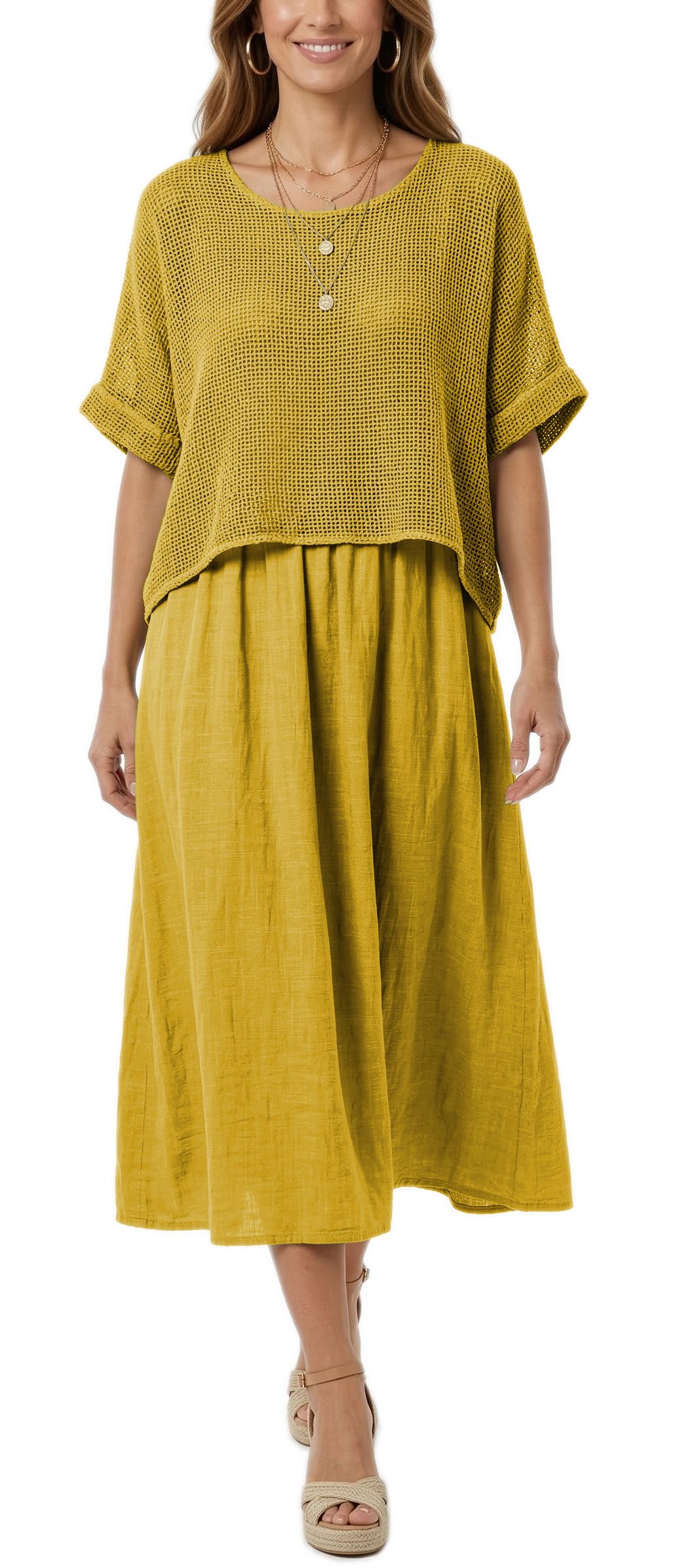 dy_mode Sommerkleid Damen Sommerkleid Midikleid in Zweiteiler-Optik Lagenlook Kleid in Unifarben, Zweiteiler-Optik