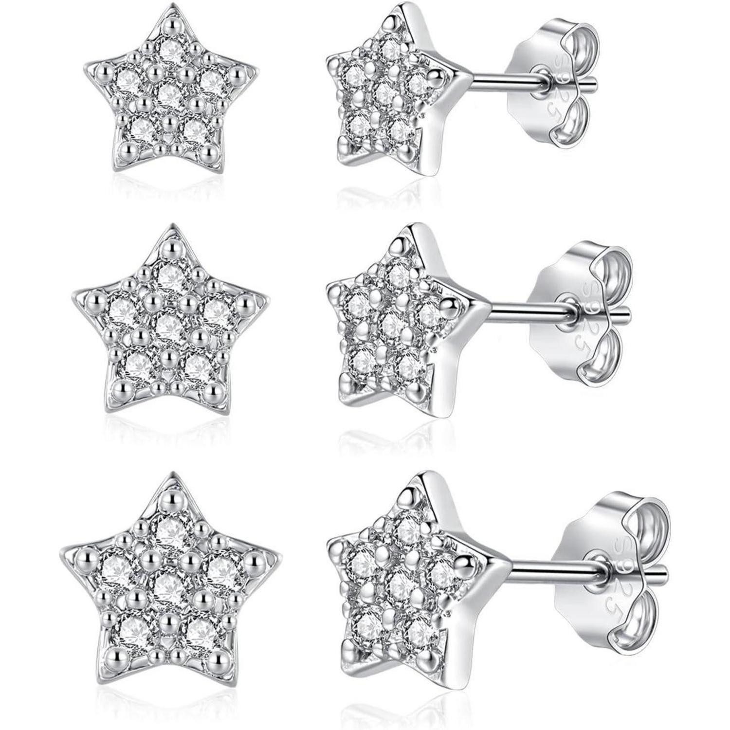 Ohrstecker-Set Ohrstecker 925 Silber 3 Paare Zirkonia Herz Rund 4 5 6mm Stern Silber