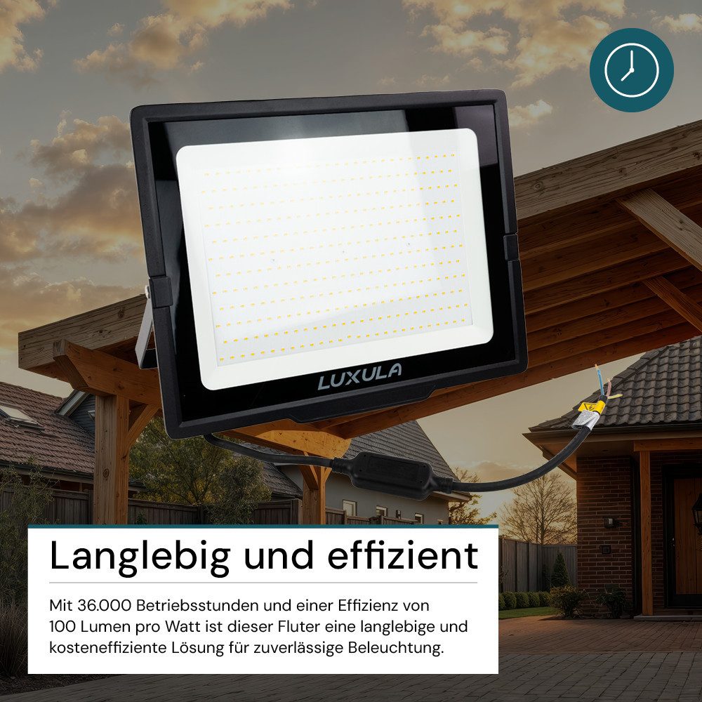 LUXULA LED Flutlichtstrahler LUXULA LED Fluter 300 W 3000 K Warmweiß Schwarz, LED fest integriert, Warmweiß