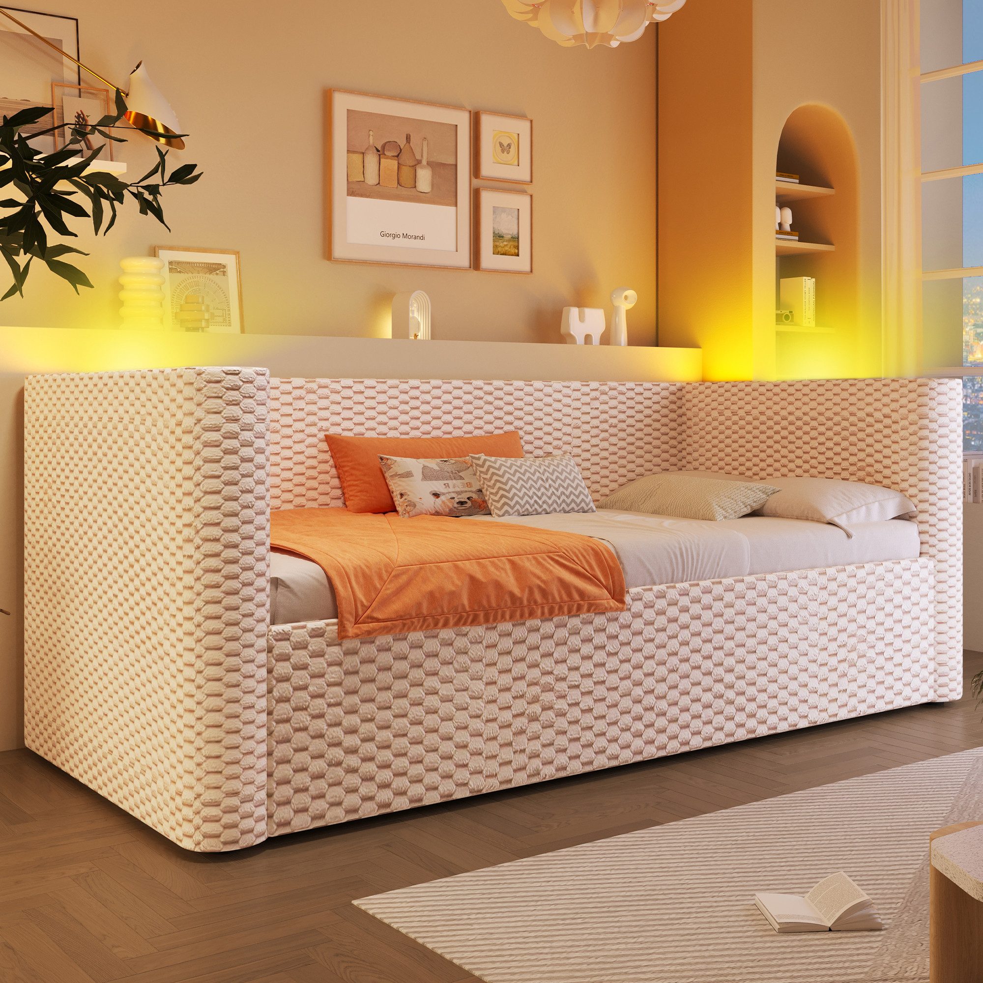 Merax Daybett 90x200cm mit LED-Licht (Sofabett Jugendbett Kinderbett, 1 tlg), Polsterbett Tagesbett Schlafsofa mit hydraulischem Stauraum, Samt