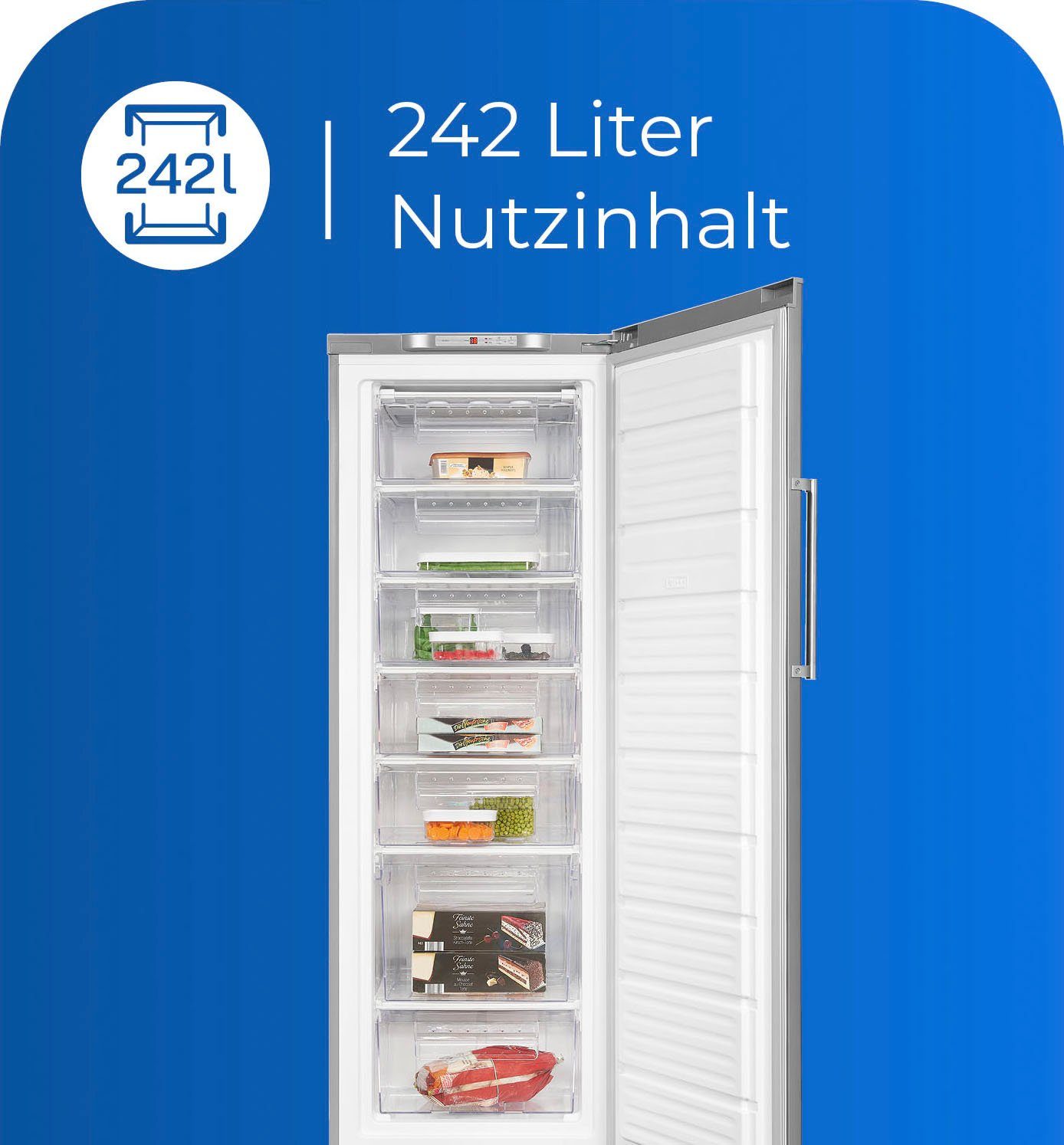 exquisit Gefrierschrank NoFrost GS280-HE-040D, 171 cm hoch, 60 cm breit, 4*-Gefrierschrank No Frost mit LED-Anzeige & praktischem Griff – Bild 5 von 5