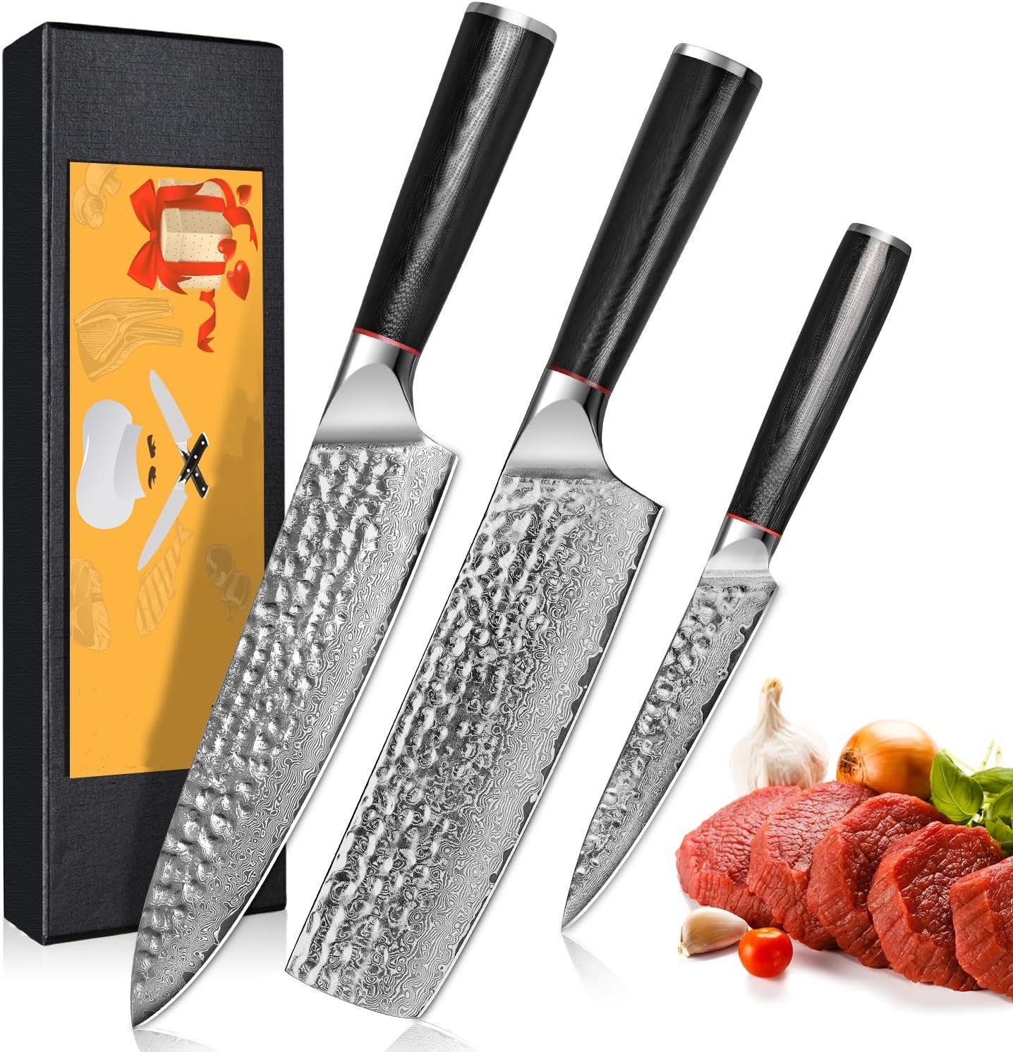 KEENZO Messer-Set 3tlg.Damaststahl (3-tlg) Set Hammerschlagoberfläche Küchenmesser Damastmesser