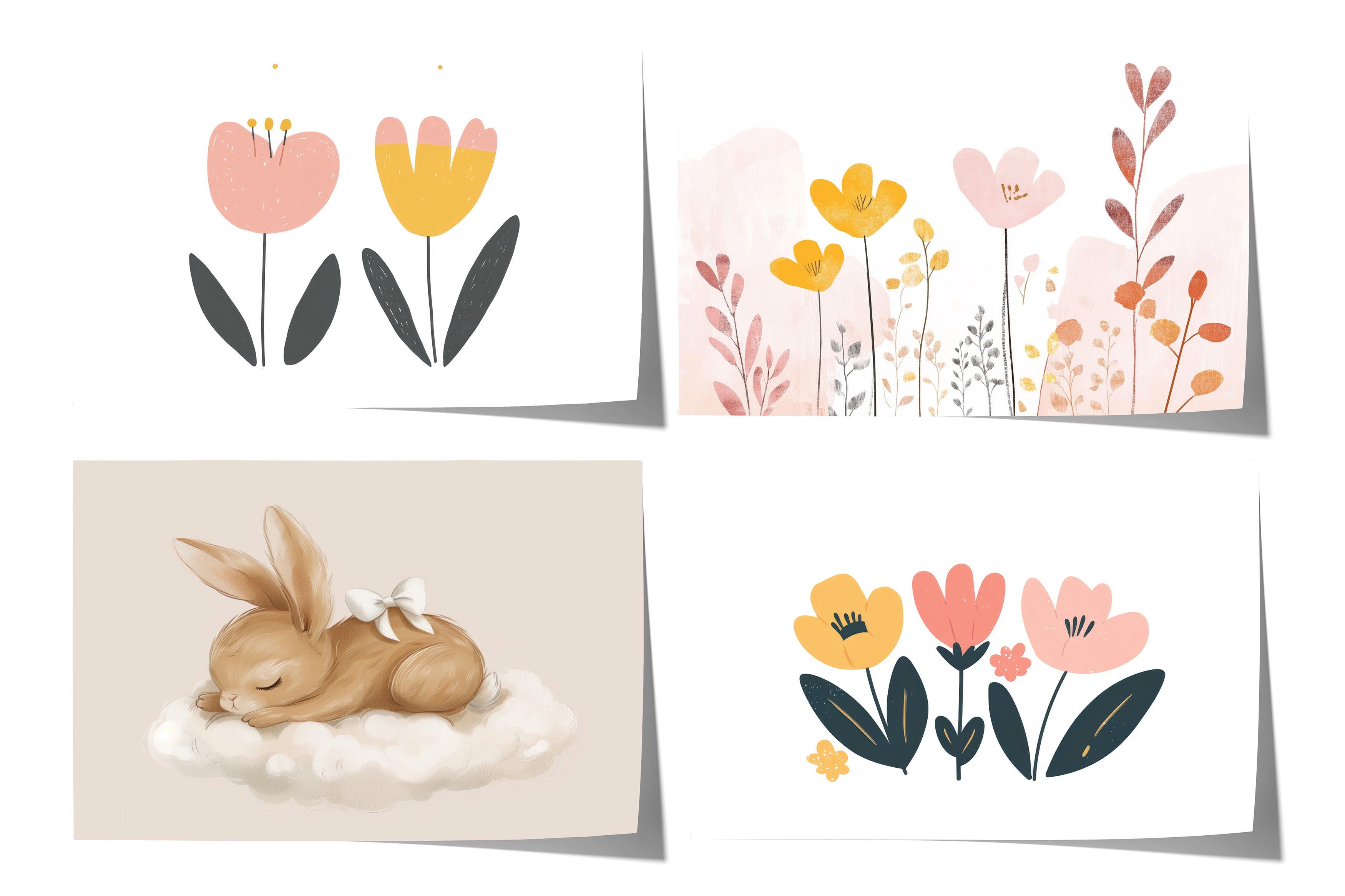 JUSTGOODMOOD Poster Hasen Geschenkidee Pastellblumen und schlafendes Häschen Kinderzimmer, B (1 St)