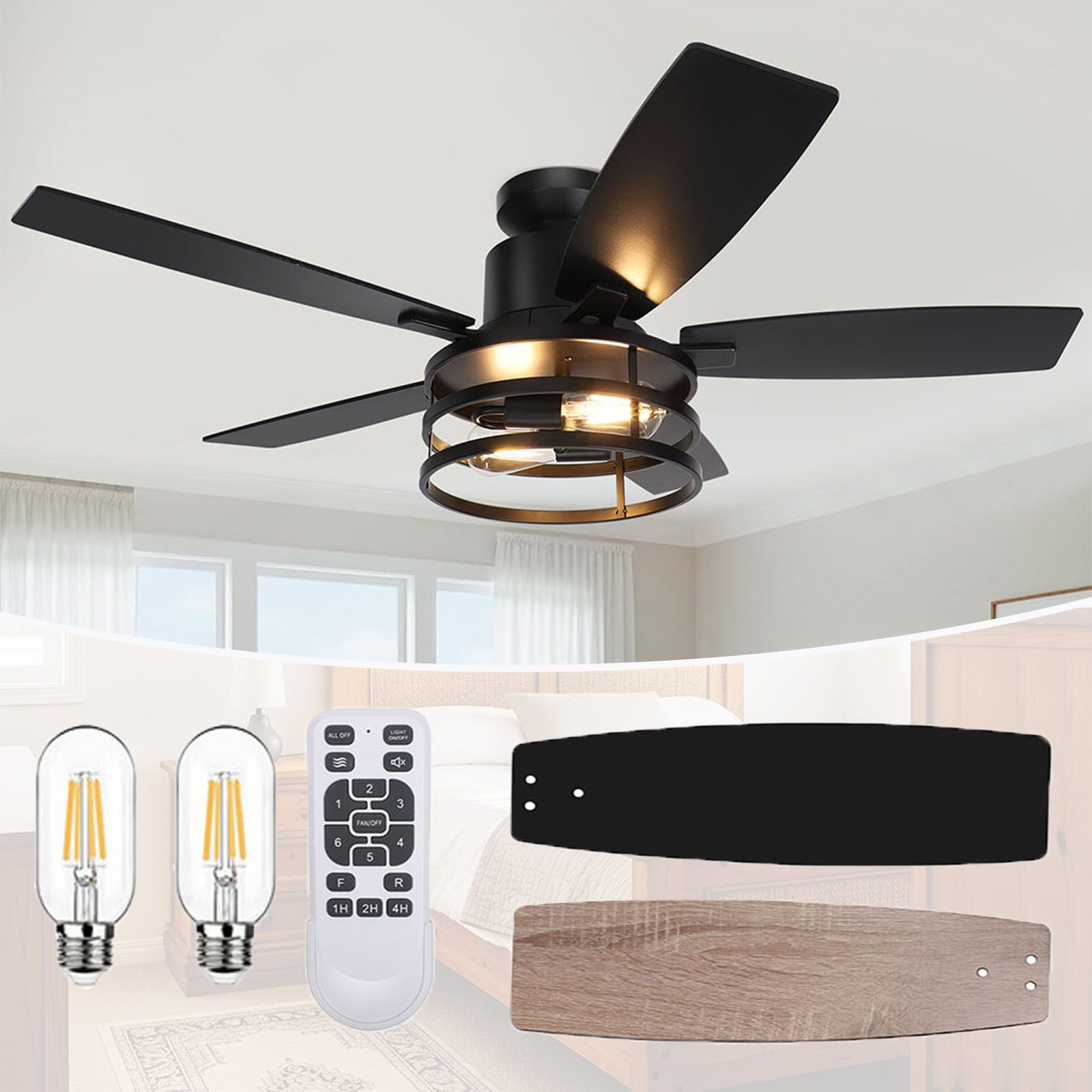 MUPOO Deckenventilator Deckenventilator mit Beleuchtung Ø112cm, Fernbedienung, 1/2/4 H Timer, 5-Blatt-Rotor, 6 Windgeschwindigkeiten, Weniger als 30 dB