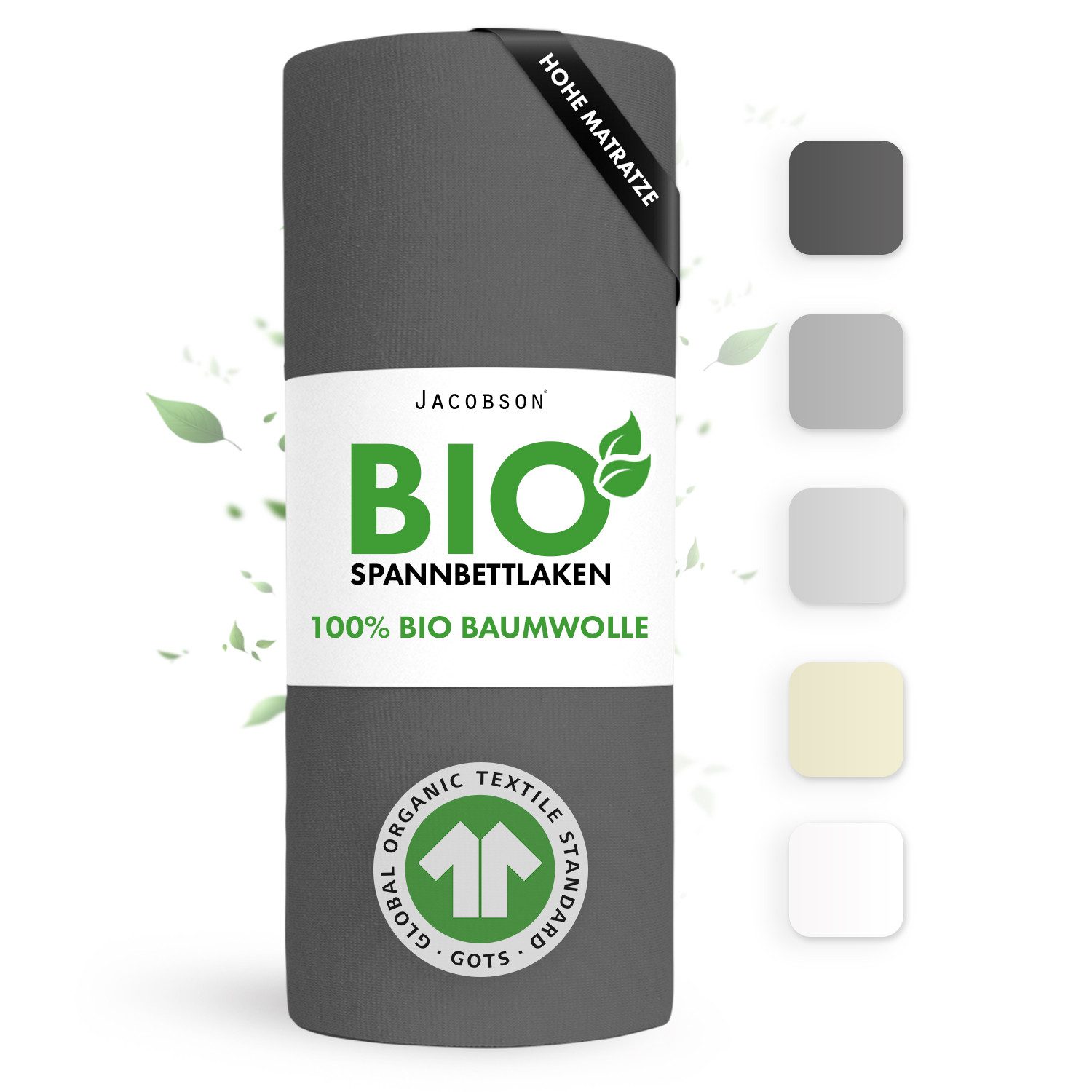 Jacobson Spannbettlaken BIO, Jersey Spannbetttuch, Bettlaken 160 g/m², 100% BIO-Baumwolle, Gummizug: rundum, GOTS zertifiziert