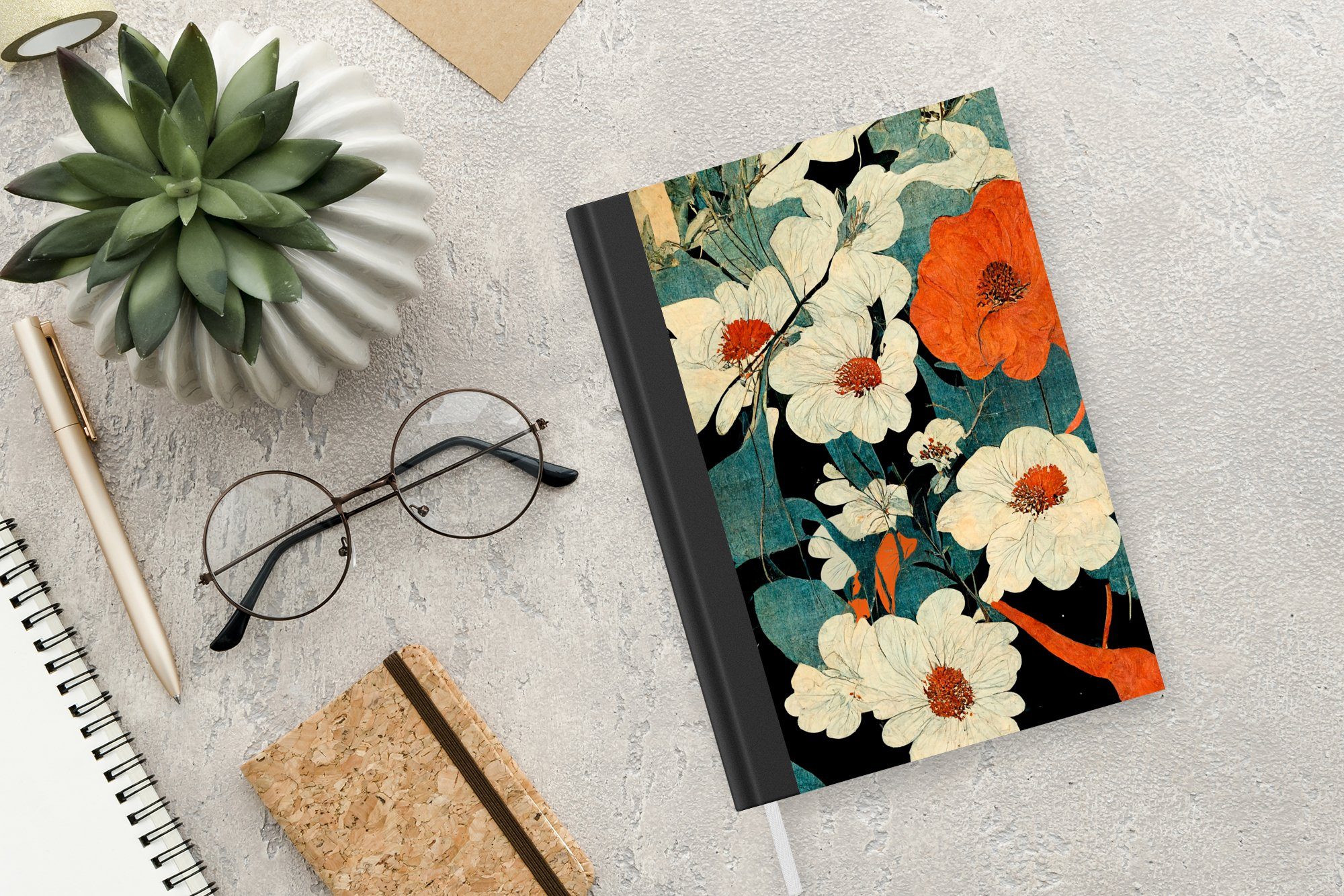 Journal, - - Blumen - Notizbuch Haushaltsbuch Vintage Notizheft, - Merkzettel, Tagebuch, Orange, MuchoWow A5, Asien Seiten, 98 Pflanzen