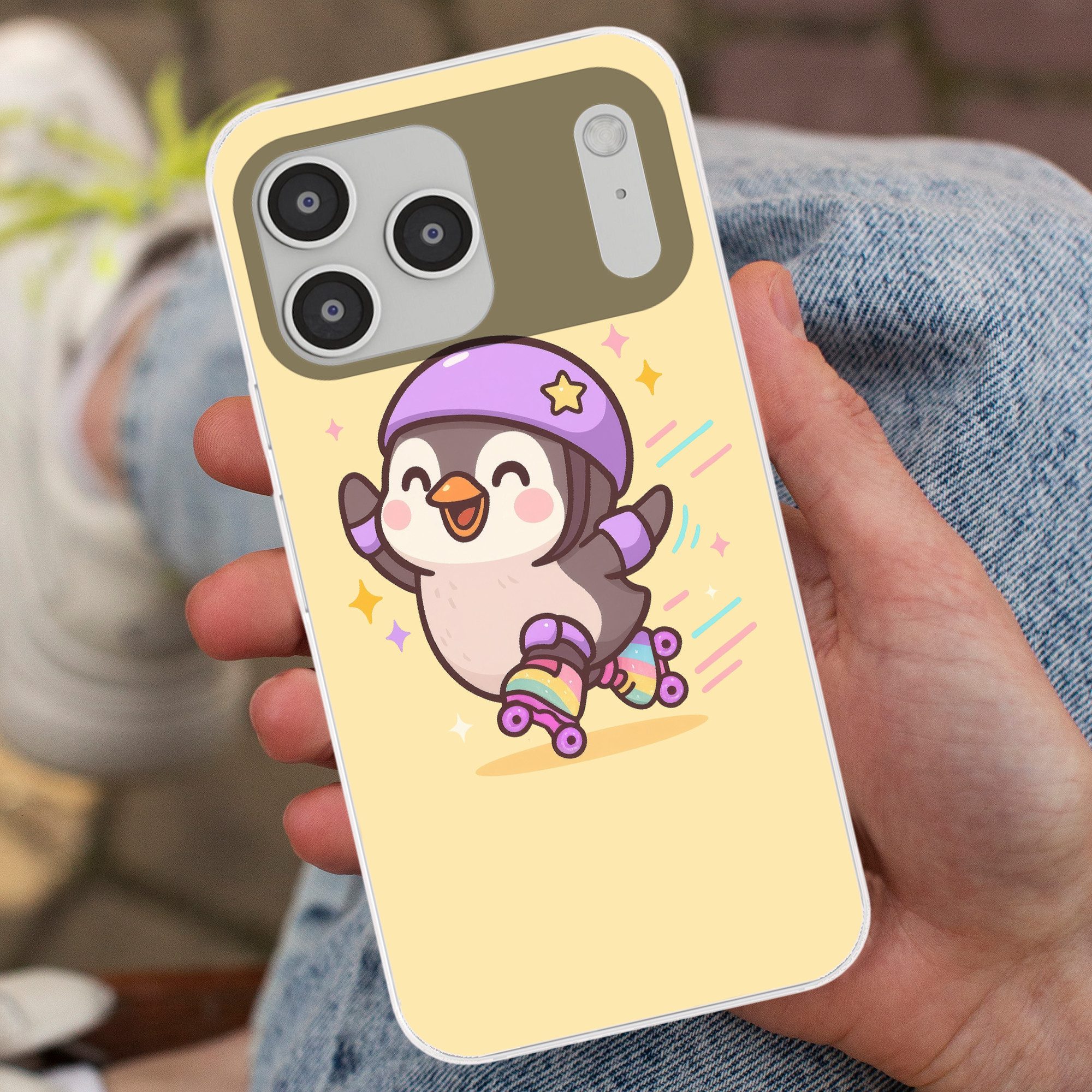 MuchoWow Handyhülle für Apple iPhone 17 Pro Max Pinguin - Rollschuhe - Gelb - Energetisch, Smartphone-Bumper, Print, Handy Schutzhülle Dünn