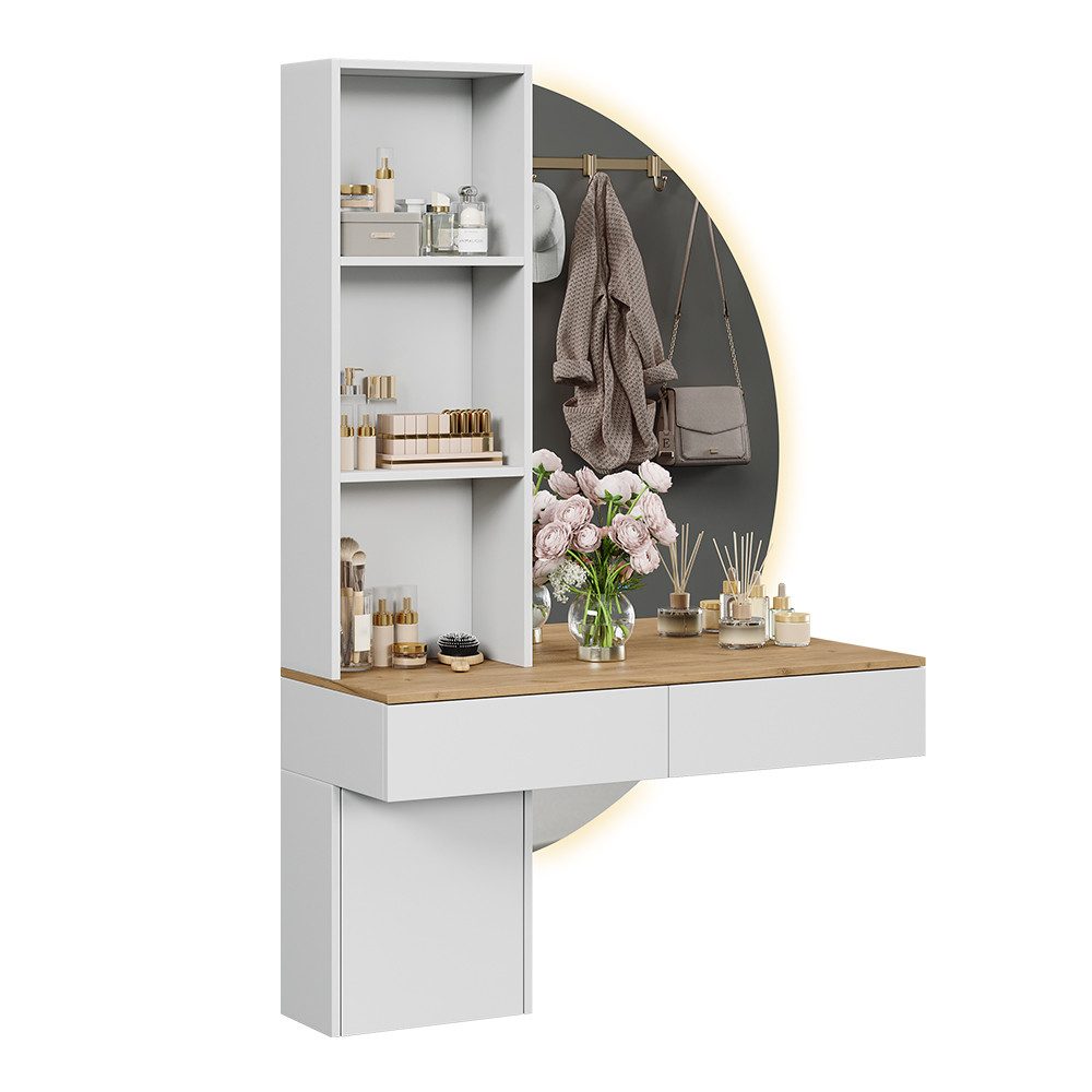 Vicco Schminktisch Melora, Weiß/Eiche, 100 cm mit LED-Spiegel (2-St)