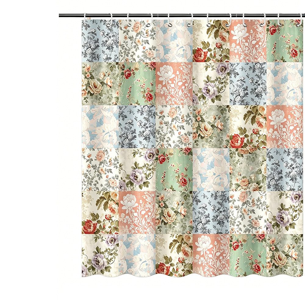 Diwzbyn Duschvorhang Vintage-Boho-Badezimmerdeko mit rosa Blumen, 80x200cm/180x180cm Breite 180 cm, Patchwork-Blumendesign im Landhausstil, mit 12 transparenten Ringen