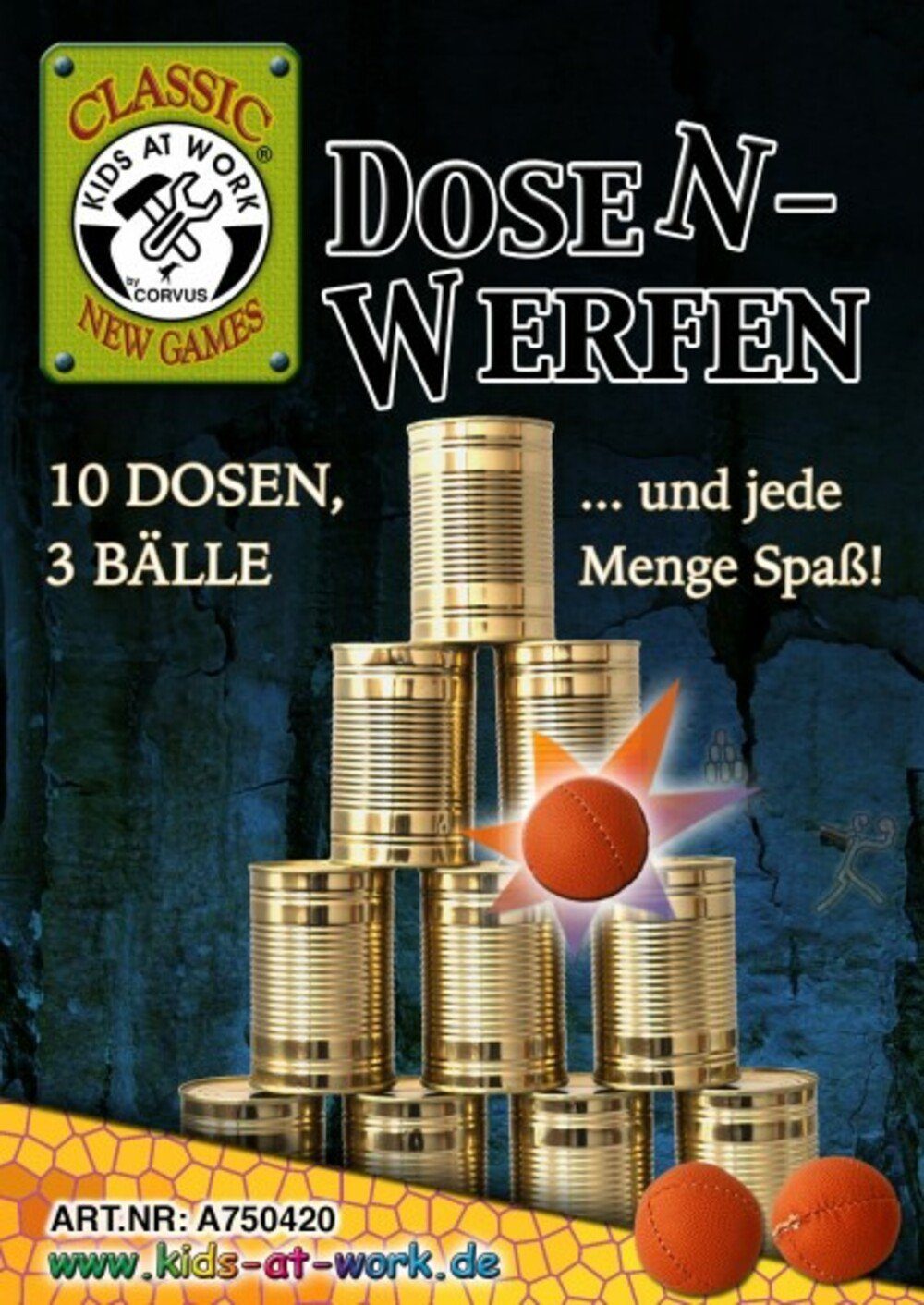 Experimentierkasten Dosenwerfen mit 10 kleinen Dosen und 3 kleinen Bällen (7 cm)