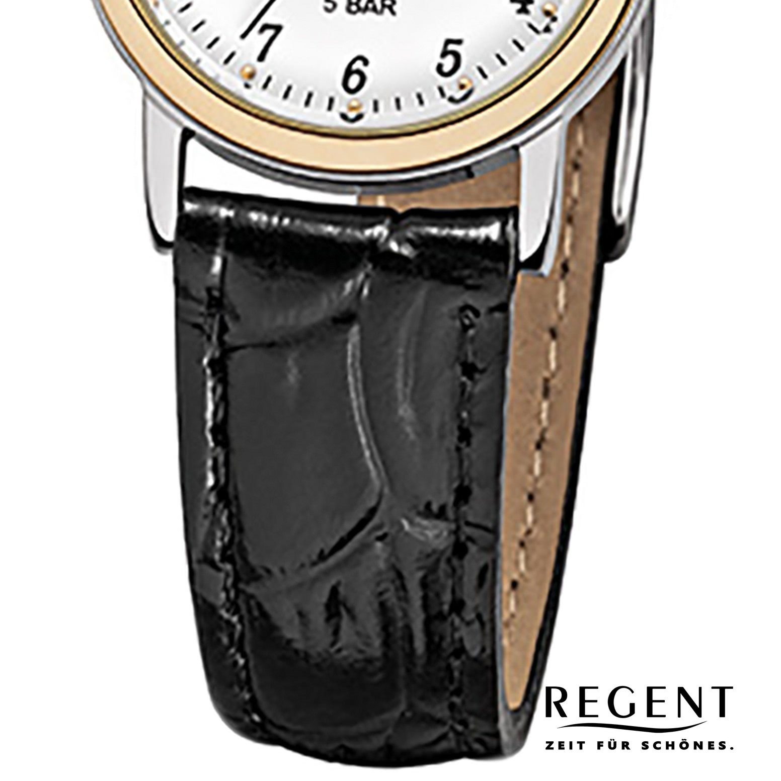 Regent Analog, Regent klein Quarzuhr Armbanduhr rund, (ca. 25mm), schwarz Lederarmband Damen Damen-Armbanduhr