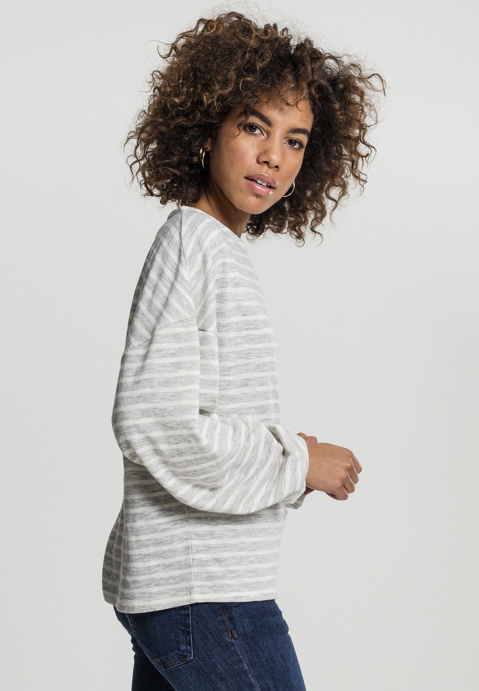 URBAN CLASSICS Sweater Damen Pullover Stripe Oversize Ladies (1-tlg) grey/white