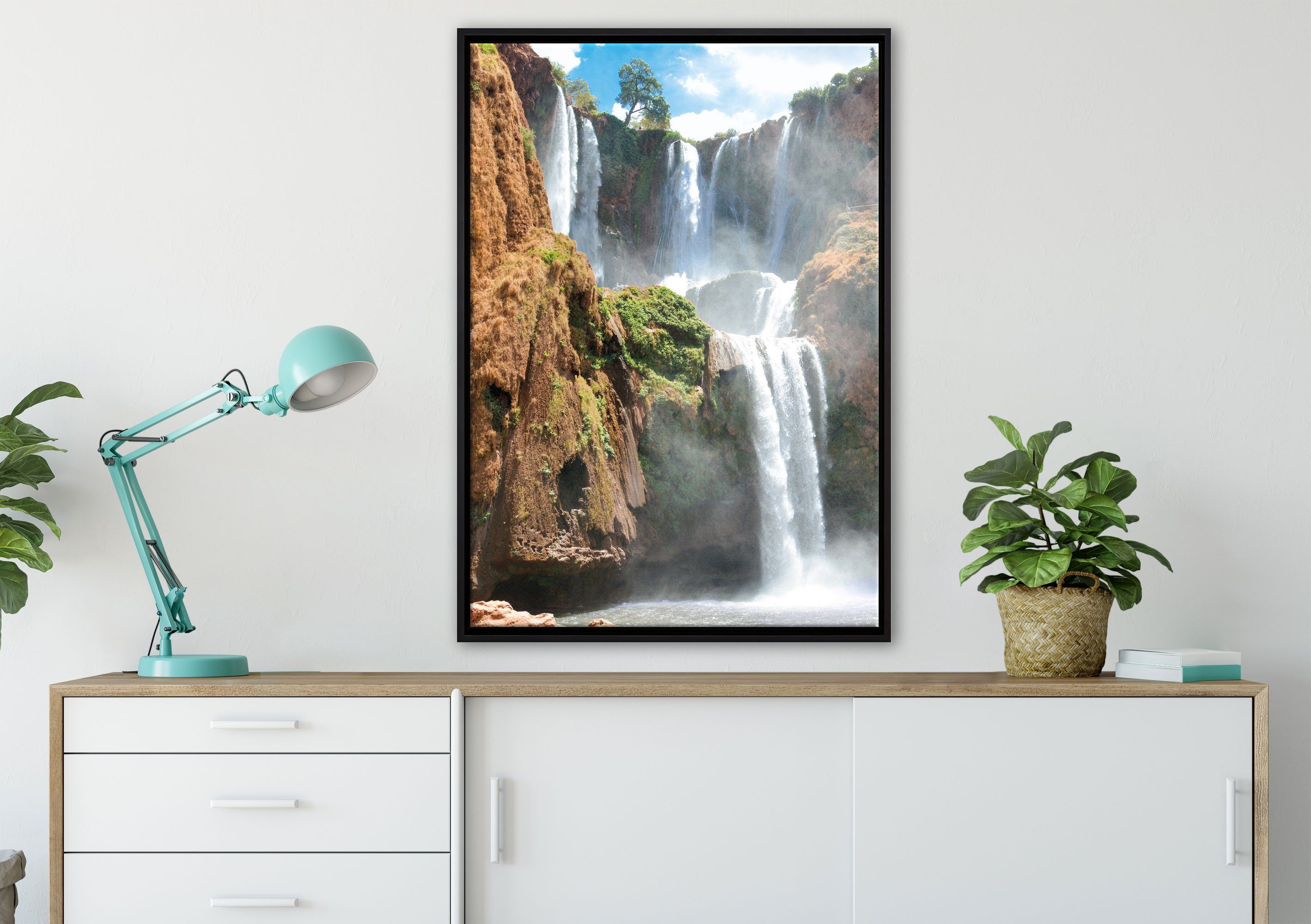 in Wanddekoration St), (1 Zackenaufhänger gefasst, Leinwandbild fertig inkl. einem Leinwandbild Pixxprint bespannt, Spektakulärer Wasserfall, Schattenfugen-Bilderrahmen