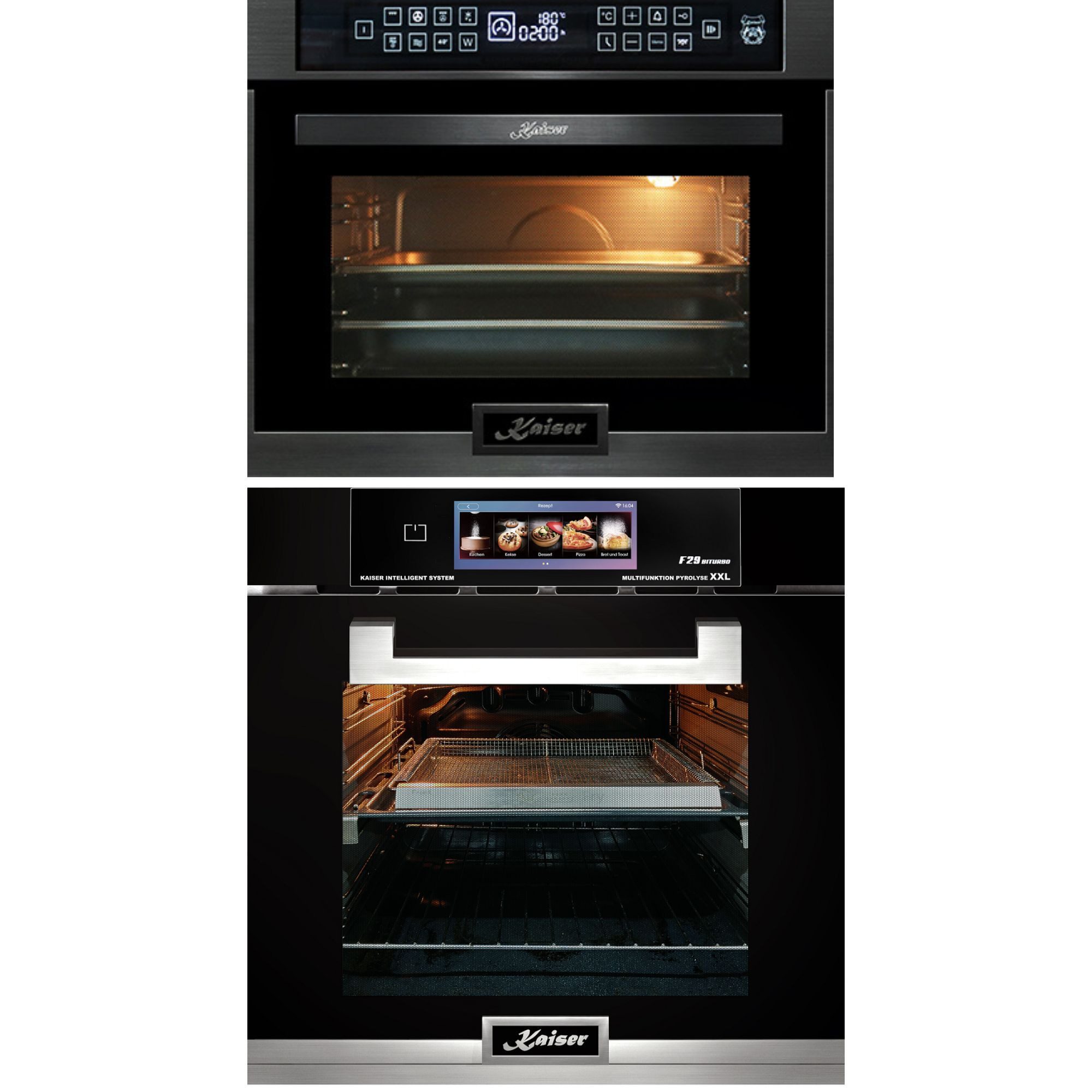 Kaiser Küchengeräte Backofen-Set Einbaubackofen Multifunktions-Elektro-Backofen mit Pyrolyse und Dampfreinigung, TFT Display, 60cm, 86L,Air Fry+Einbau-Mikrowelle 45 cm Hoch,TouchControl, Heißluftsystem, Infrarotgrill,22 Funktionen EH 6344 N+EM 6307 RS, mit 1-fach-Teleskopauszug