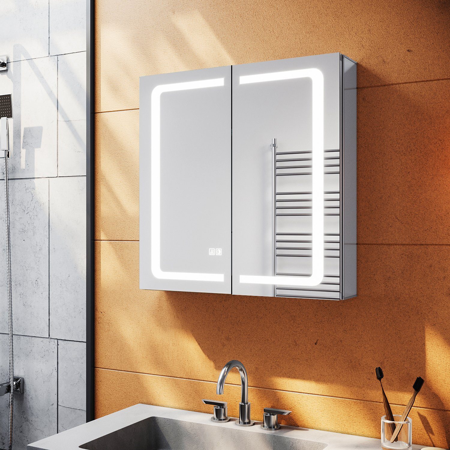 SONNI Spiegelschrank Spiegelschrank Bad mit Beleuchtung und Steckdose LED Beschlagfrei mit Touchschalter | Spiegelschränke