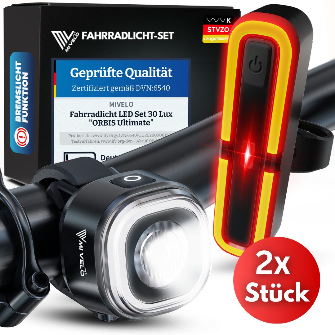 MIVELO Fahrradbeleuchtung ORBIS Fahrradlicht LED Set – Frontlicht oder Set, Akku, USB-C, StVZO zugelassen, mit Bremsfunktion erhältlich