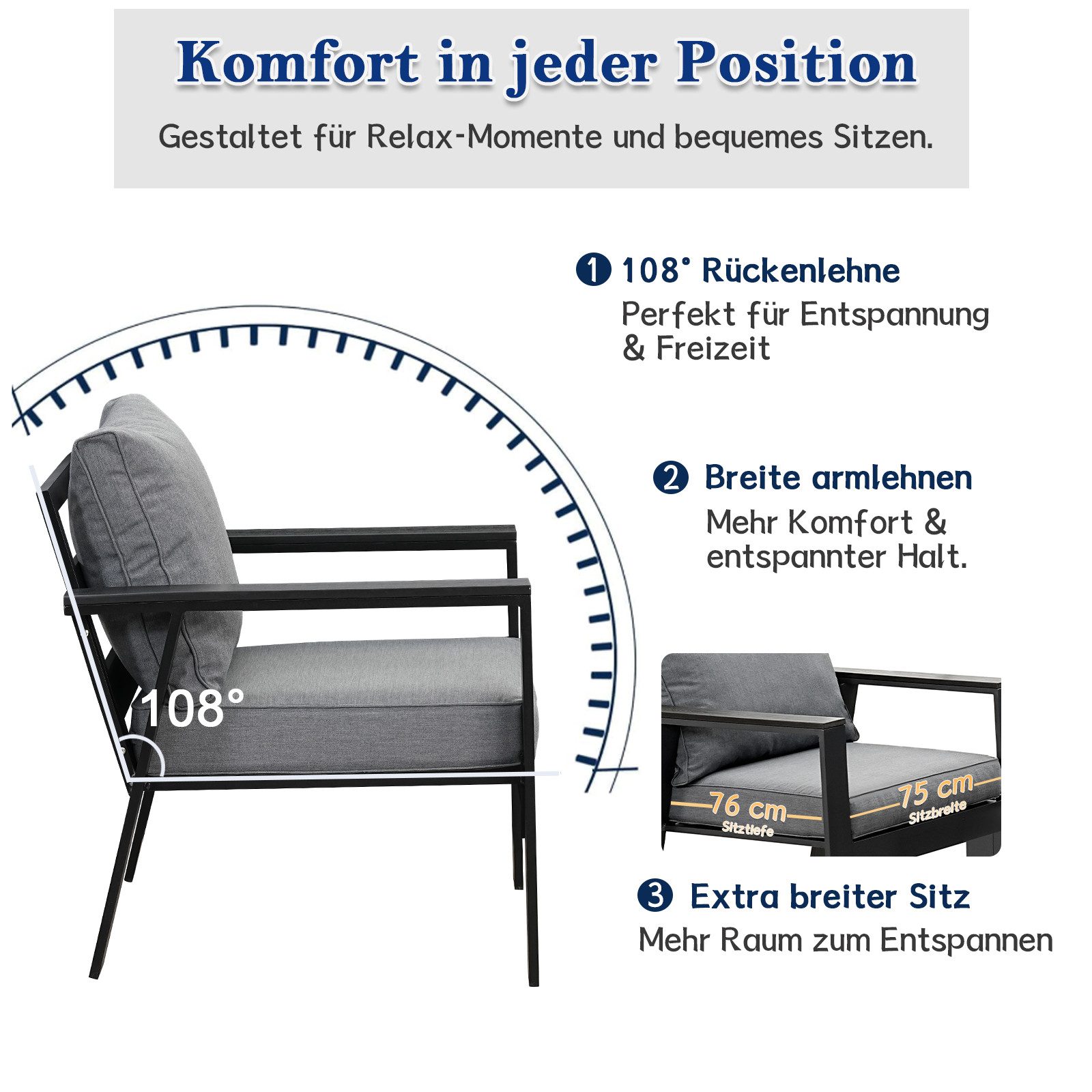 MeXo Gartenlounge-Set Balkonmöbel Set 4 Personen Aluminium Wetterfest, (Belastbarkeit pro Sitzplatz 140 kg, 4-tlg., mit ergonomischen Sesseln und extra dicken Kissen), Lounge Sofa outdoor mit bequemer Neigung der Lehne Gartensofa