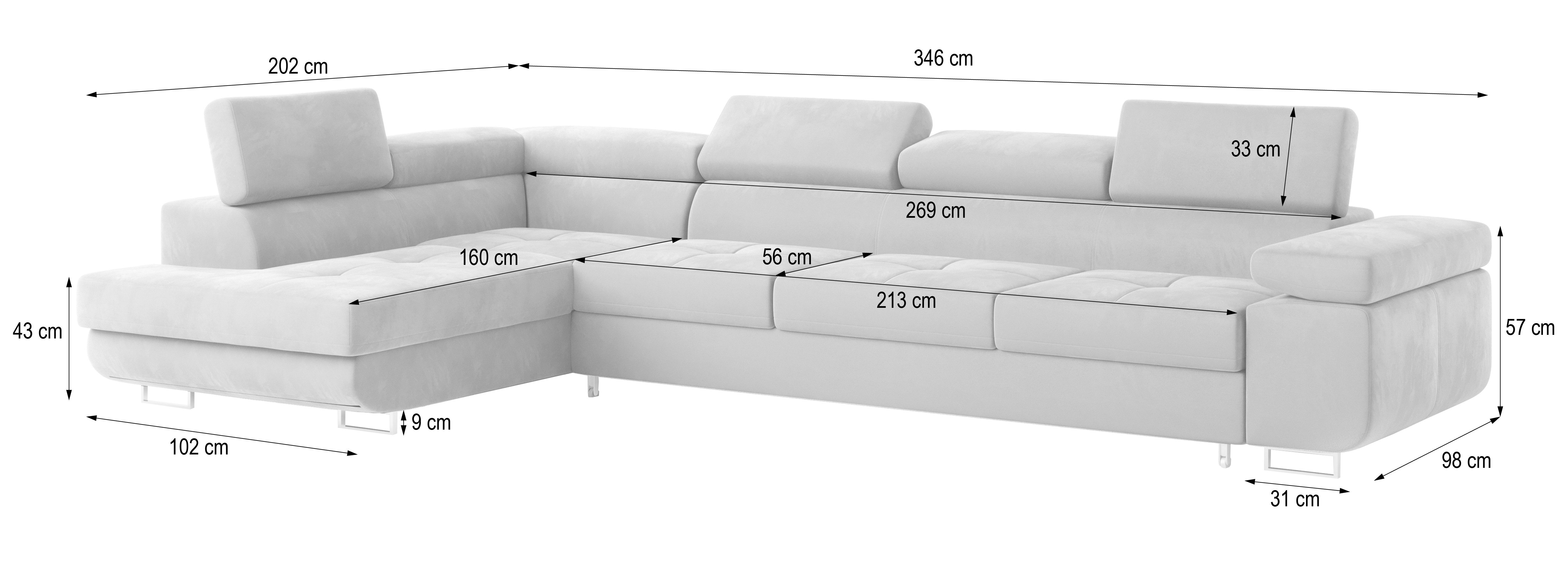 Masseno Ecksofa VICENTE mit Schlaffunktion L-Form, Sofa mit Bettkasten
