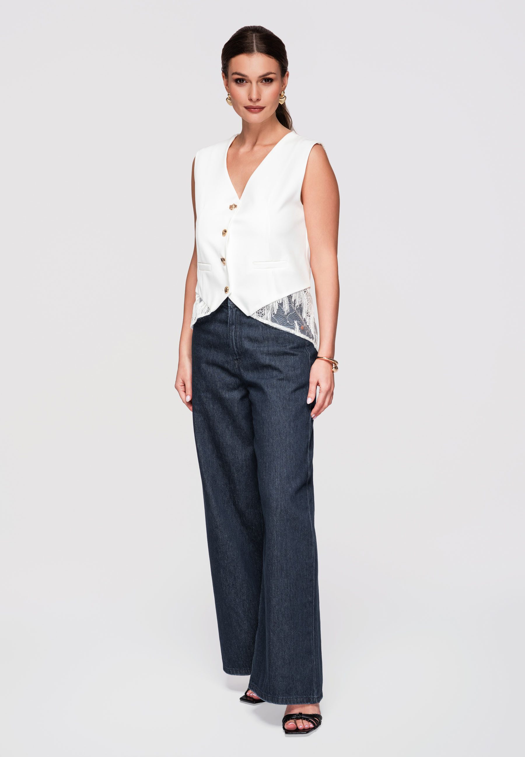 OMBRE Kurzweste Damen Weste Asymmetrisch Elegant Weiß M (kein Set, 1-tlg) Asymmetrischer Saum, transparente Spitze