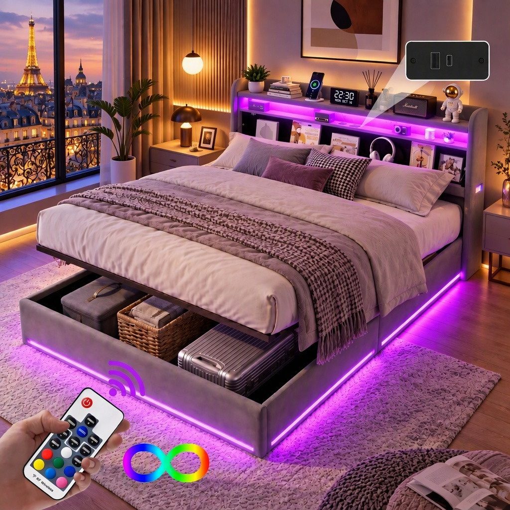 Gdood Polsterbett Stauraumbett Doppelbett LED (Type-C + USB, Hydraulisch hebbarer Stauraum), Mit Bettkasten, LED-Beleuchtung, USB-Anschluss, 160x200 cm