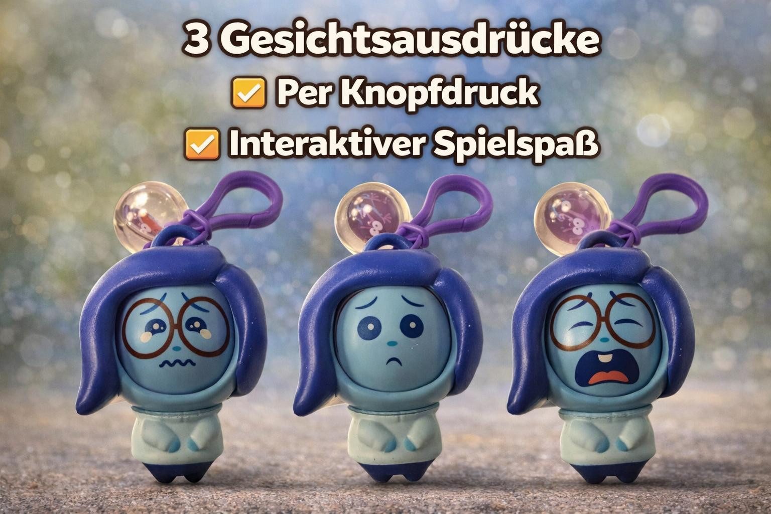 Disney Schlüsselanhänger Disney Alles steht Kopf Anhänger Kummer 8 cm mit 3 Gesichtern Clip (Set, 1-tlg., Geschenk-Set), 3 wechselbare Gesichtsausdrücke per Knopfdruck