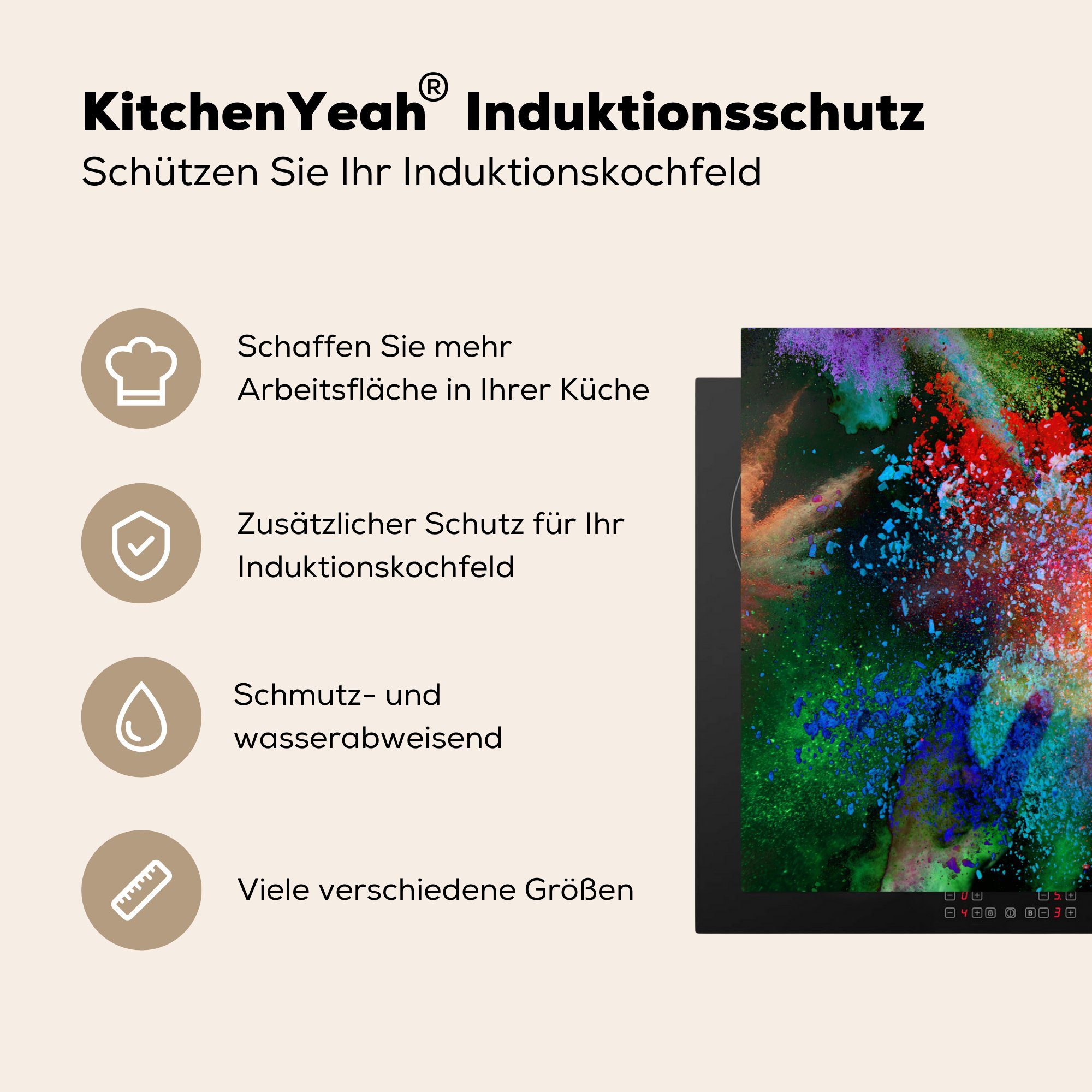 MuchoWow Herdblende-/Abdeckplatte Schutz Induktionskochfeld 81x52 Holi küche, Hände Vinyl, die Festival cm, - Ceranfeldabdeckung tlg), Puder, - (1 für
