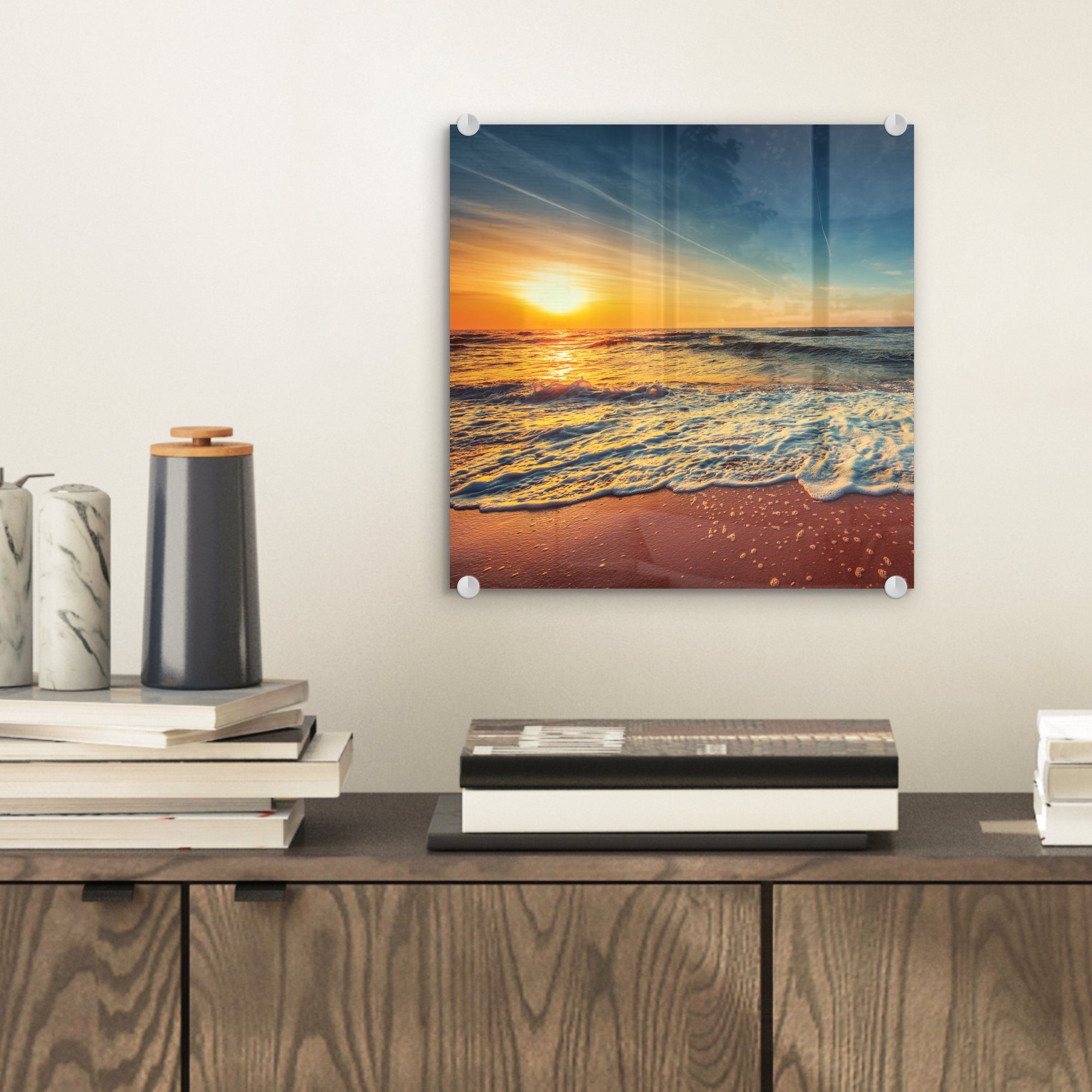 auf Wandbild MuchoWow Bilder - Glasbilder - auf - (1 Acrylglasbild - Wanddekoration Foto Meer St), Glas Sonnenuntergang Strand - Gold, - Glas