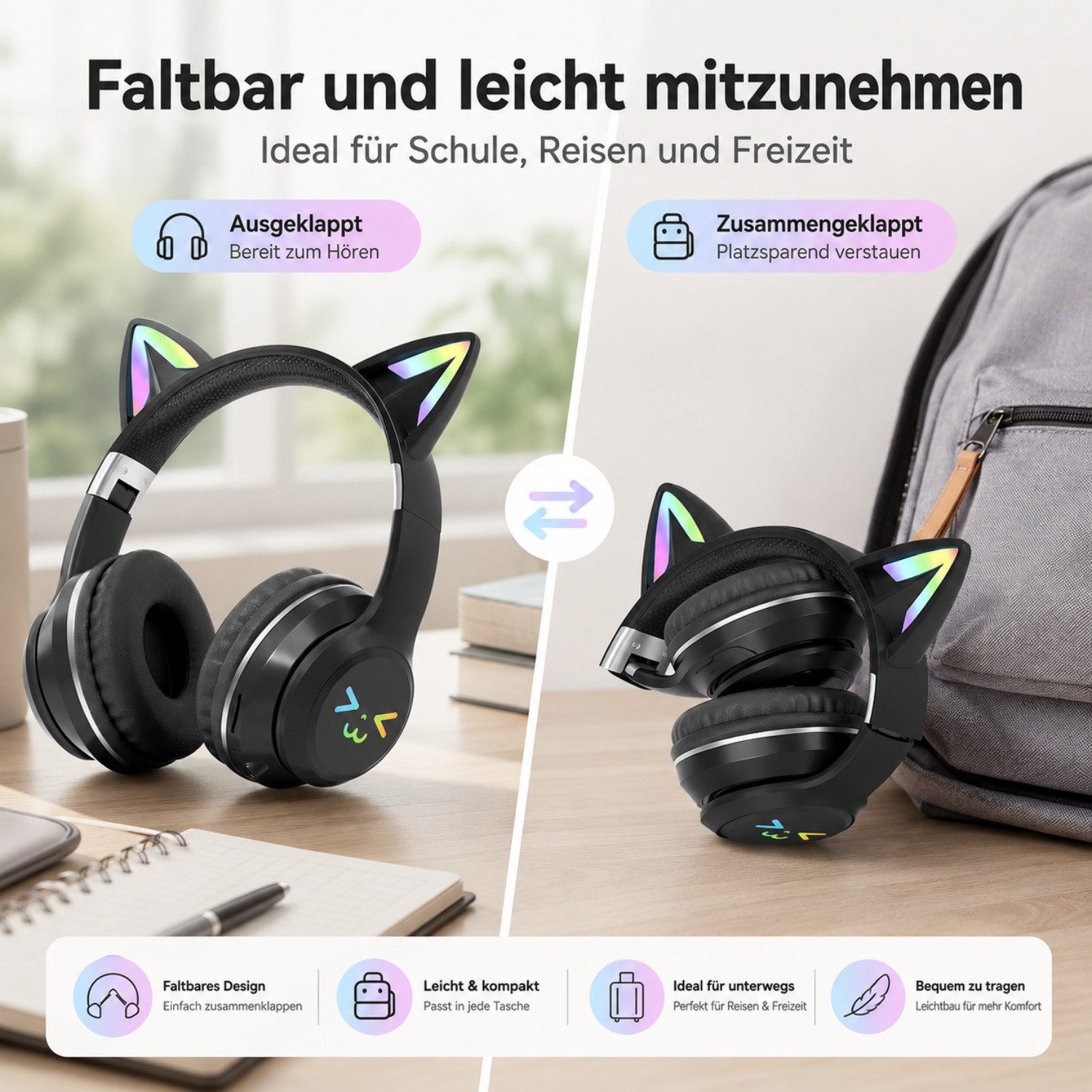 ANYSUN Bluetooth Kopfhörer,RGB-LED-Leuchten,Bluetooth 5.1,HiFi Sound, Over-Ear-Kopfhörer (Bluetooth, 60dB Rauschunterdrückung,Einstellbar,Kopfhörer Bluetooth für Reise)