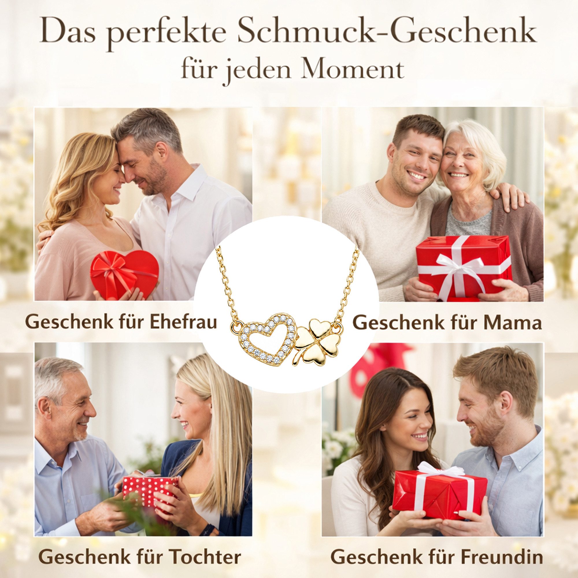 Limana Kette mit Einhänger Kleeblatt Herz Damen Halskette gold 925 Sterling Silber Geschenk (Freundin Mama Ehefrau Mutter Schmuck inkl. Dose), Geburtstag Weihna – Bild 4 von 5