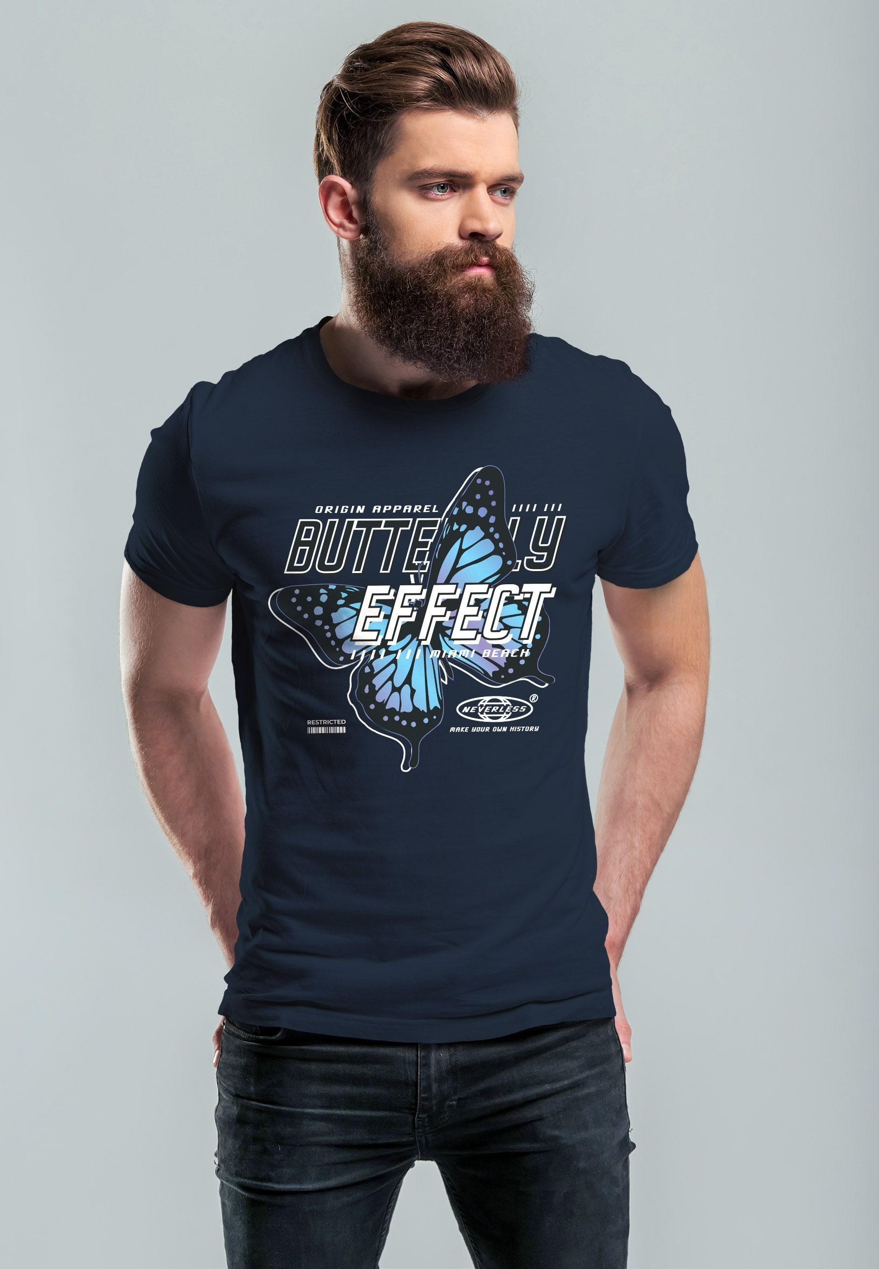Neverless Print-Shirt Herren T-Shirt Bedruckt Schriftzug Butterfly Effect Schmetterling mit Print