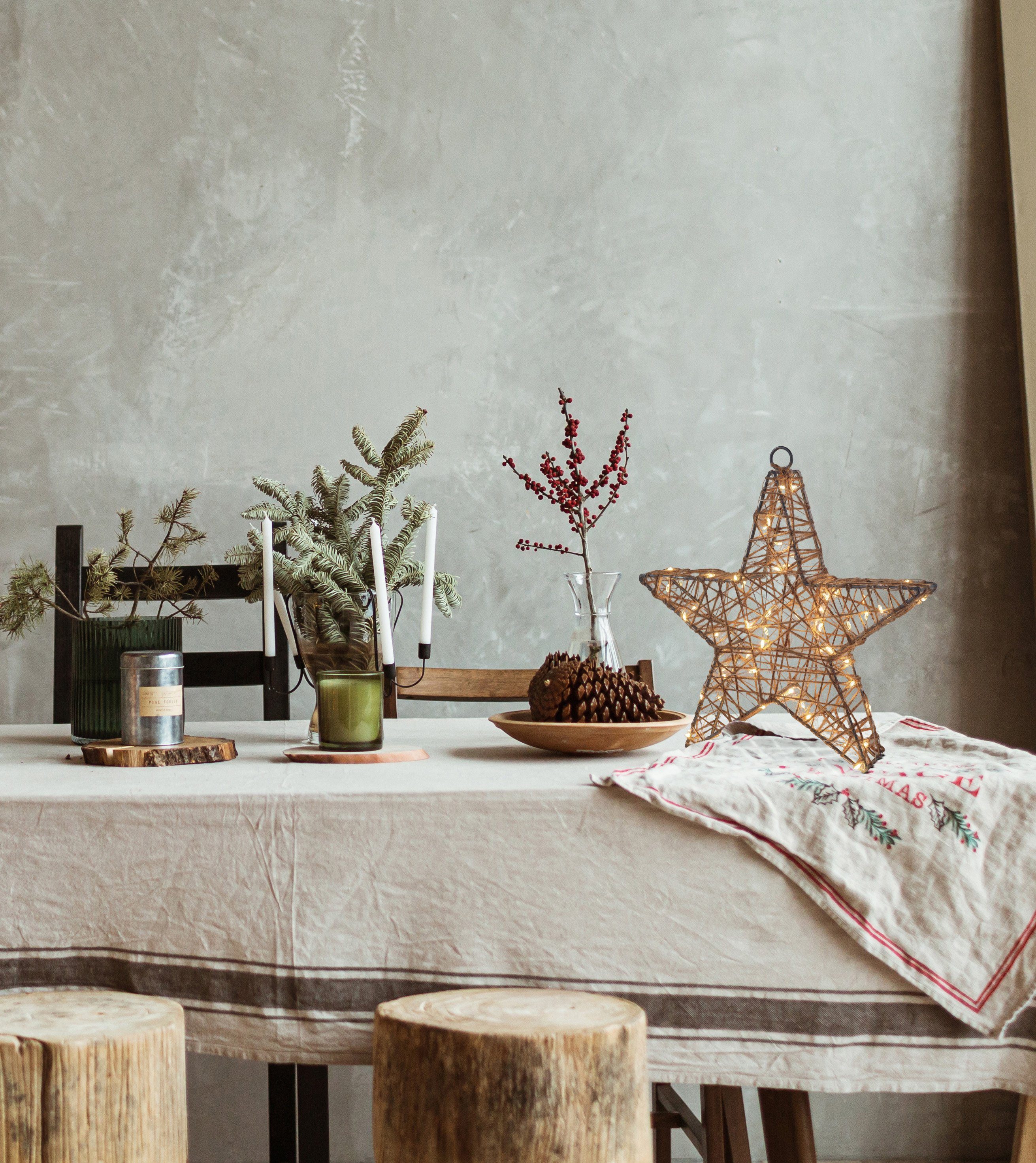 näve Dekolicht Metallstern, Weihnachtsdeko, Ein-/Ausschalter, Timerfunktion, LED fest integriert, Warmweiß, 2er Set Timer Eisen Textil naturfarben batteriebetrieben