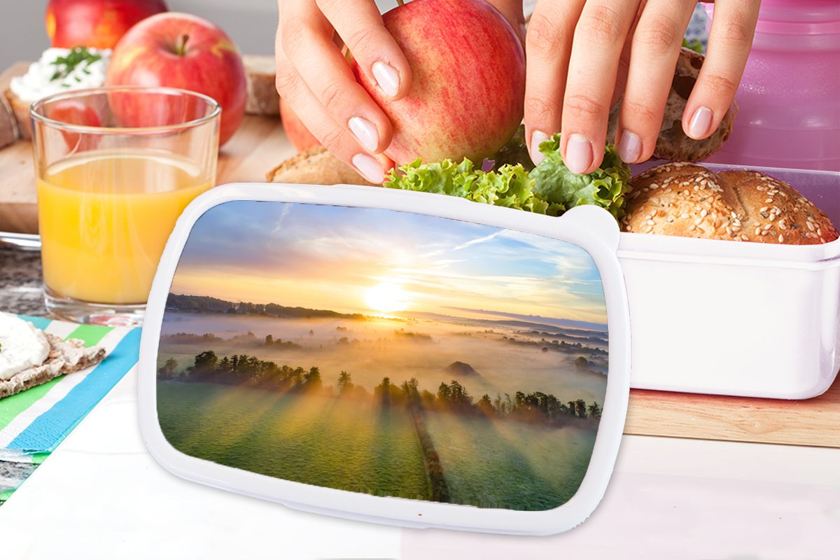 MuchoWow Lunchbox Farbenfroher weiß Brotdose, Landschaft, Erwachsene, Sonnenaufgang Jungs Brotbox Mädchen Kinder ruhigen und für für und einer (2-tlg), über Kunststoff