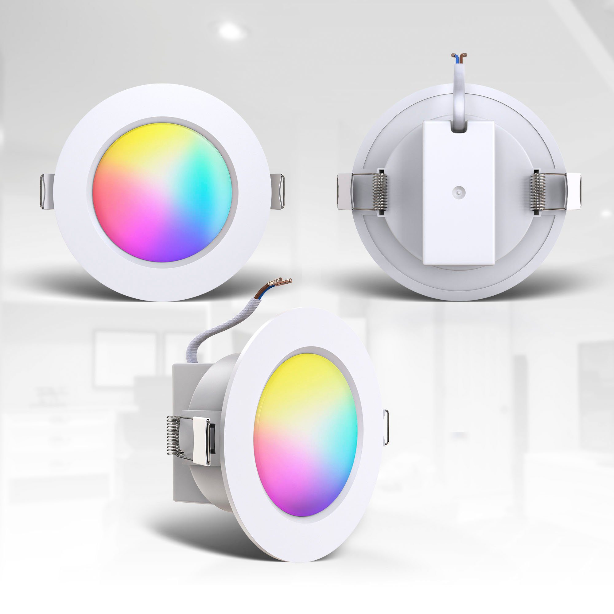 B.K.Licht Einbauleuchte Warmweiß, RGBW, RGB-LED fest Ø9,2cm, 450lm, 5er-Set über 4,8W, 3.000K, Dimmbar LED dimmbar Badeinbaustrahler, RGB, IP44, Lichteffekte, integriert, Fernbedienung, BK_EL1543