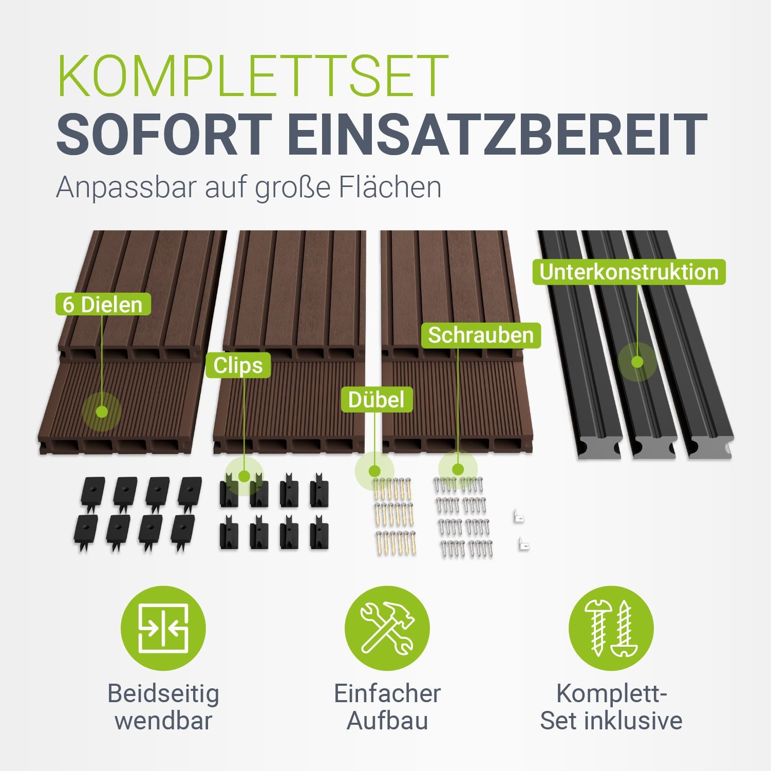Juskys Terrassendielen, 2 m², BxL: je 14.6x220 cm, (6-St., 2 m), 2m² Fläche, Witterungsbeständig, Raue Oberfläche, 330 kg/m² belastbar