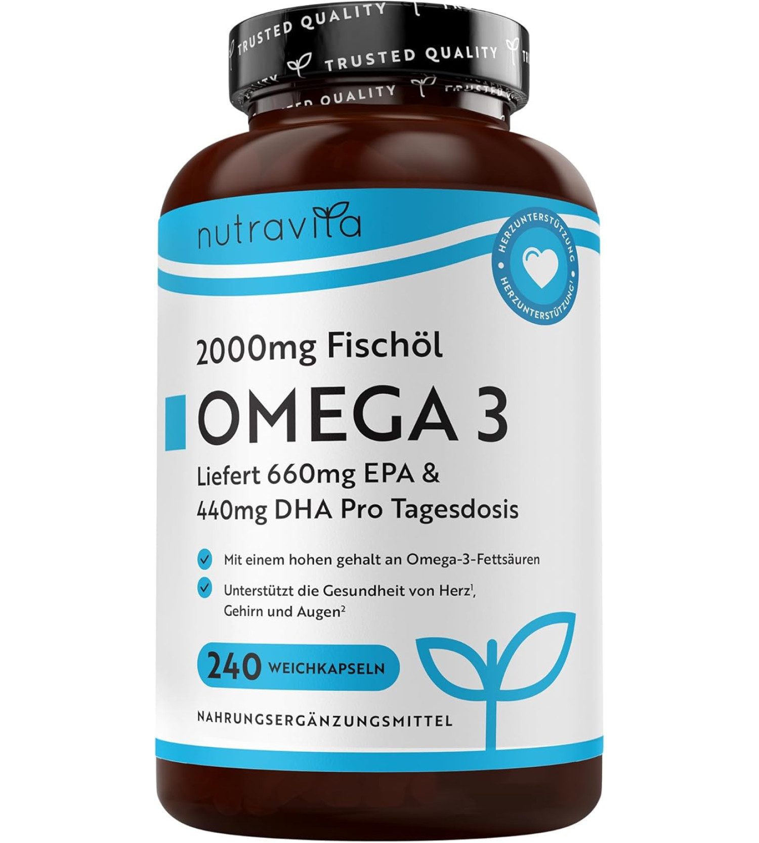 Nutravita Omega 3 Kapseln – Hochdosiert mit EPA & DHA Weichkapseln, 1 er 2000mg Fischöl Kapseln mit 660mg à 240 St., 322 g, 240 Weichkapseln (4 Monate Vorrat)