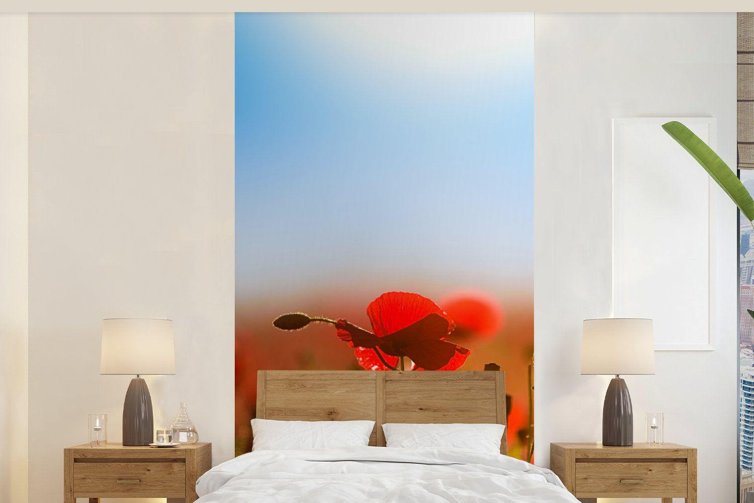 (2 Vliestapete MuchoWow Himmel., Küche, für bedruckt, St), Schlafzimmer blauen Fototapete einem Wohnzimmer unter Matt, klaren Mohnblumen Fototapete