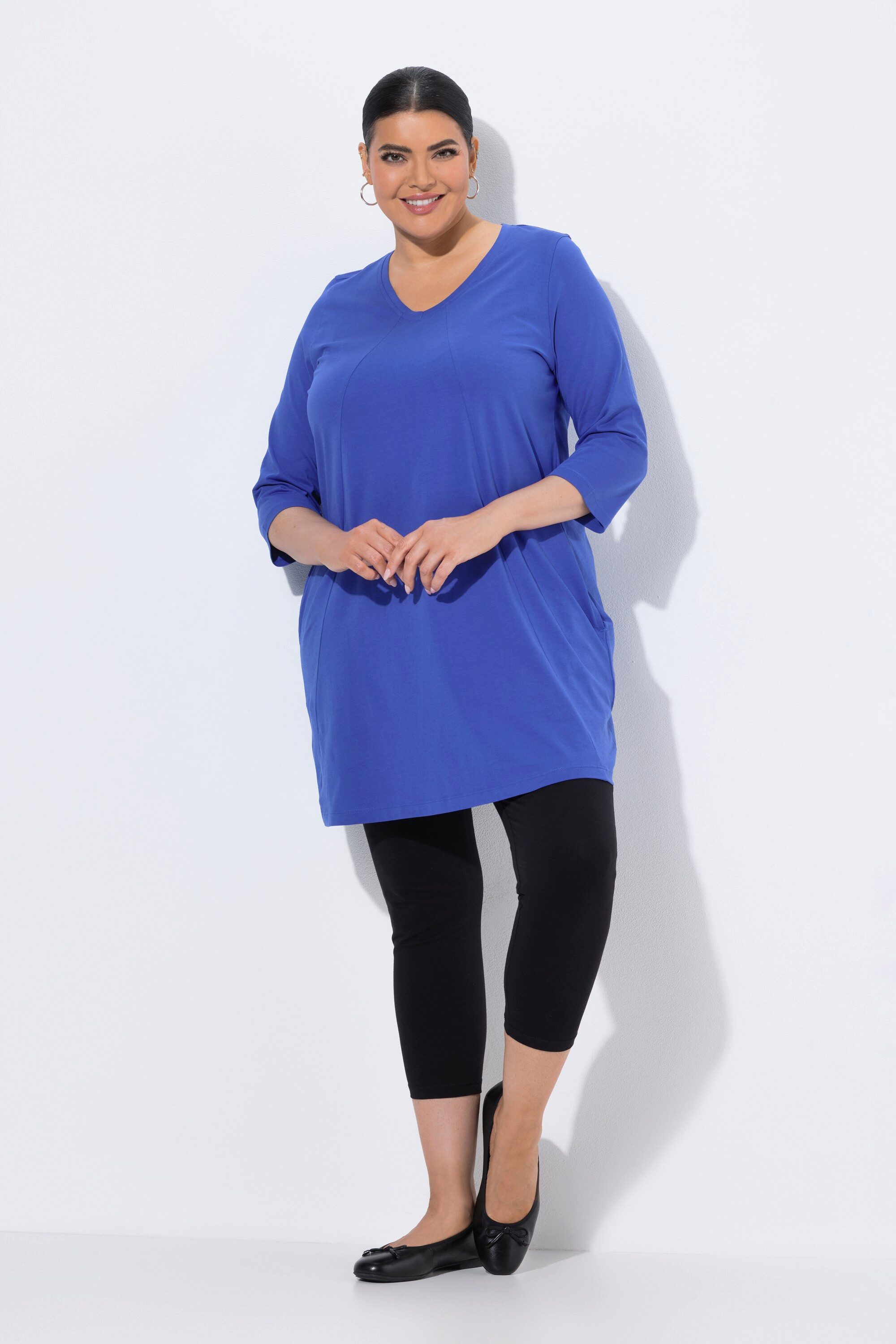 Longshirt Longshirt Ziernähte A-Linie V-Ausschnitt 3/4-Arm