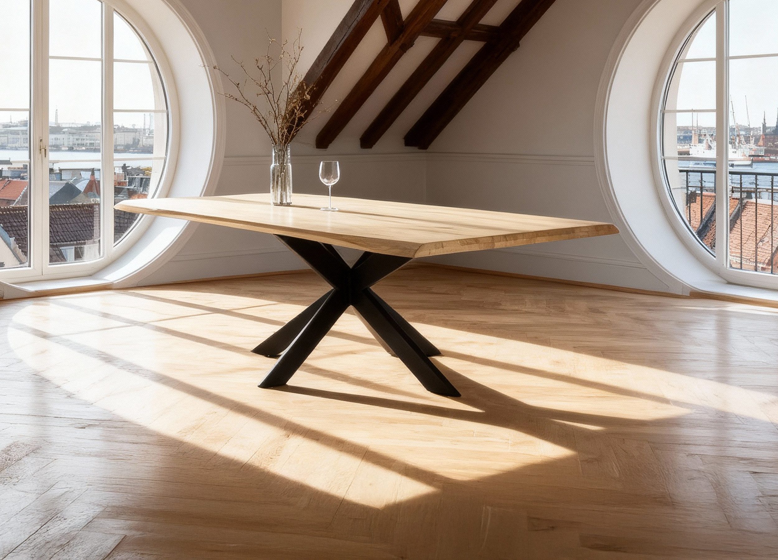 Massivart® Esstisch Eiche massiv geölt / 180 x 100 cm / 40 mm Platte / LOUIS, Massivholztisch · Spider Gestell Metall schwarz · Industrial-Look