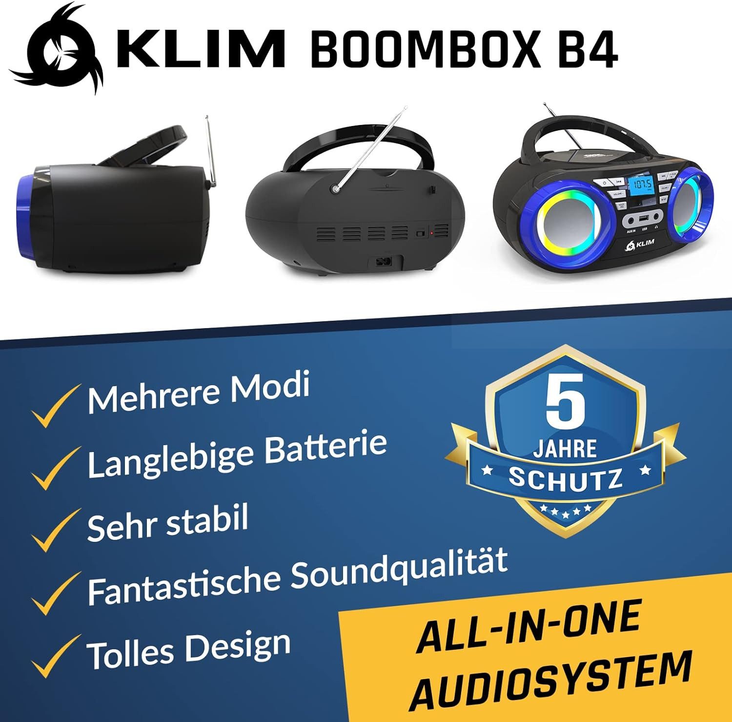 KLIM Boombox B3 Stereo-CD Player (Tragbarer CD Player, FM Radio, MP3, Digitaler EQ)