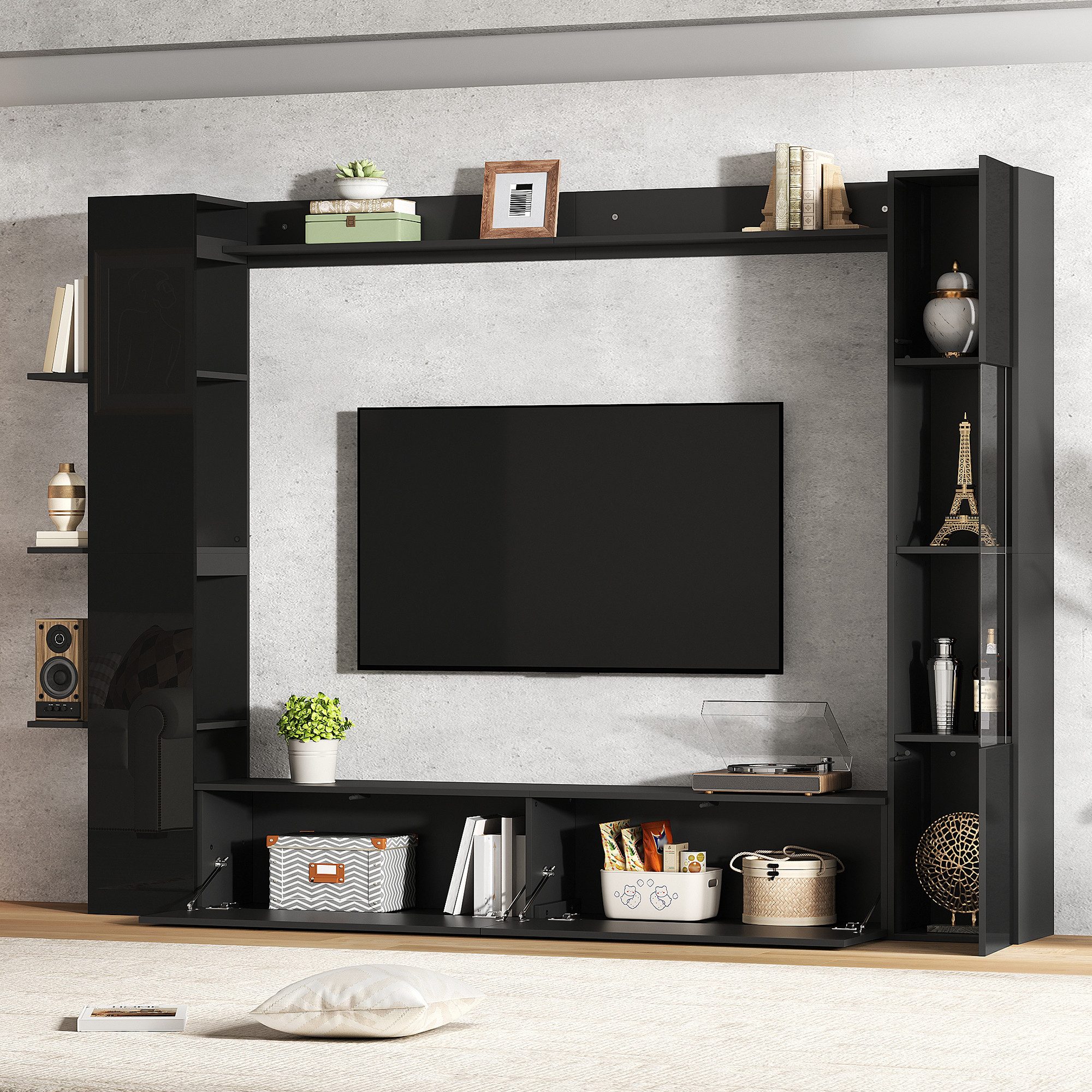 Odikalo Wohnwand Kompaktwohnwand mit viel Stauraum, (Vitrinen Türanschlag wechselbar,(Set, 4-St), TV-Schrank, Vitrine, Aufbewahrungsschrank, speziell für das Wohnzimmer)