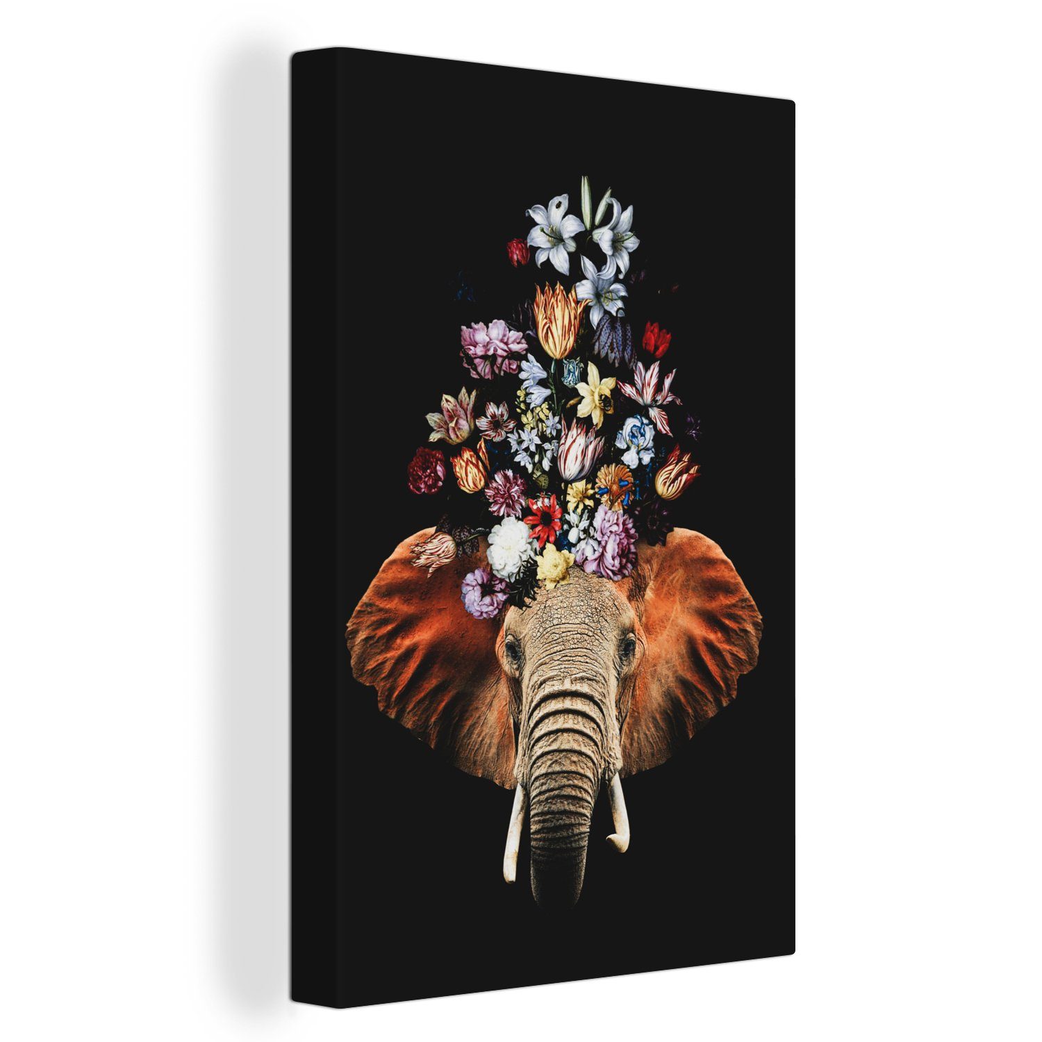 OneMillionCanvasses® Leinwandbild Elefant - Blumen - Schwarz, (1 St), Leinwandbild fertig bespannt inkl. Zackenaufhänger, Gemälde, 20x30 cm