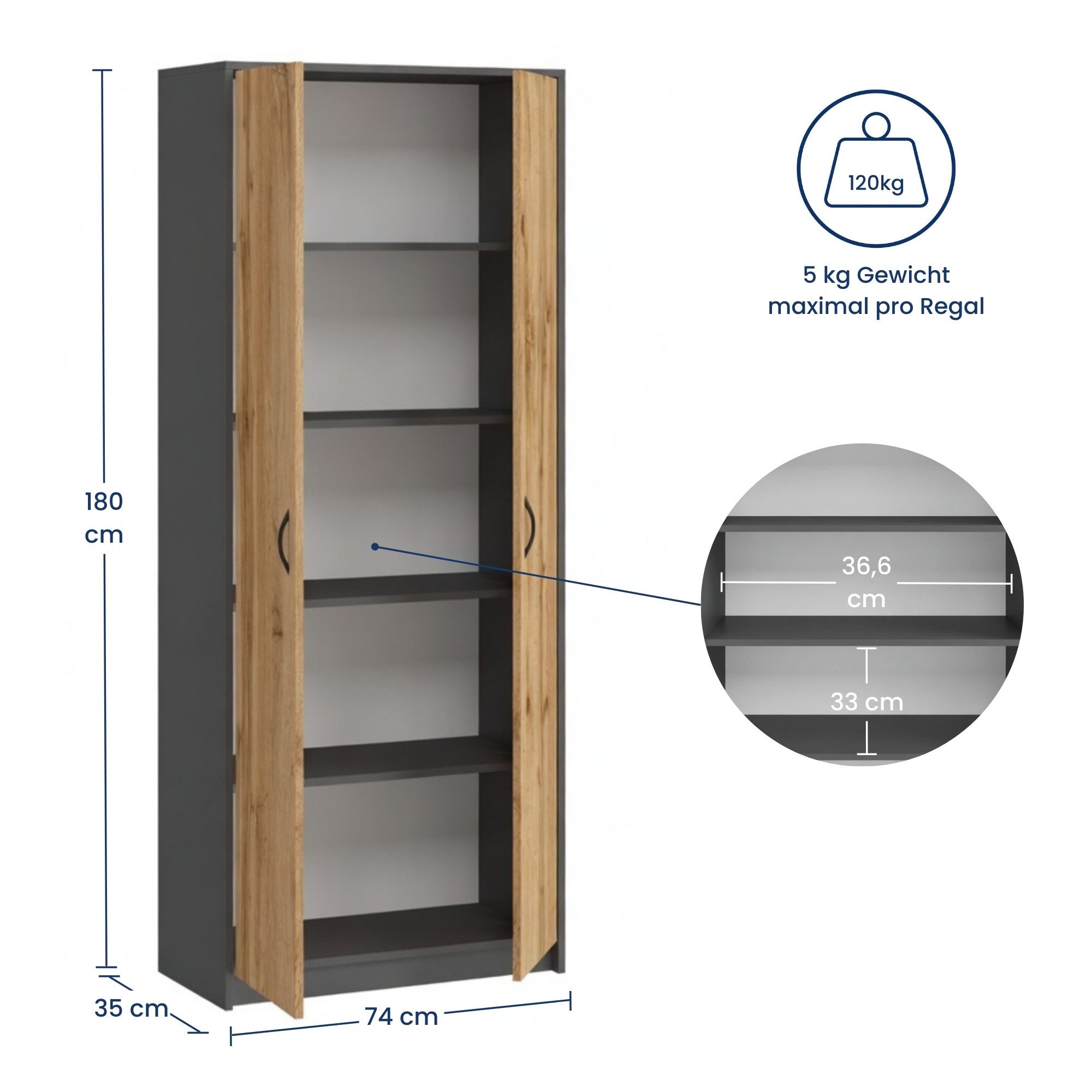 Home Collective Mehrzweckschrank Kleiderschrank Regal 74cm breit 180cm hoch Aktenschrank mit vier Einlegeböden, Haushaltsschrank in Anthrazit mit Eichefarben