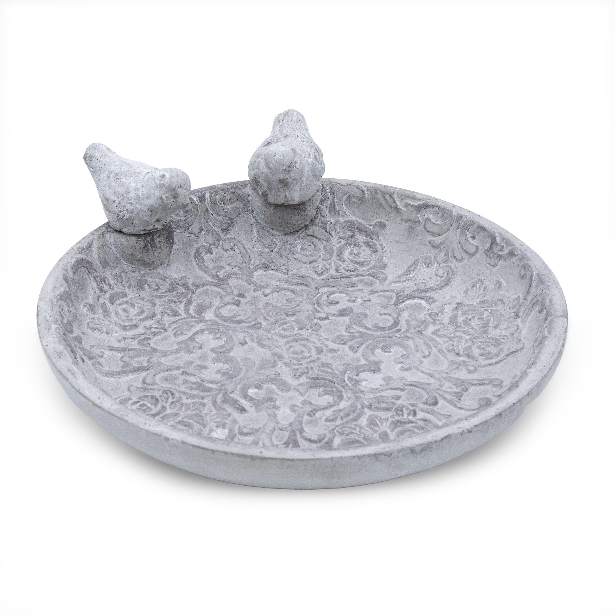 Spetebo Vogeltränke Beton Vogeltränke in grau mit Ornamenten - 24 cm 0,2 l, Vogelbad aus Stein mit Vogel Figuren