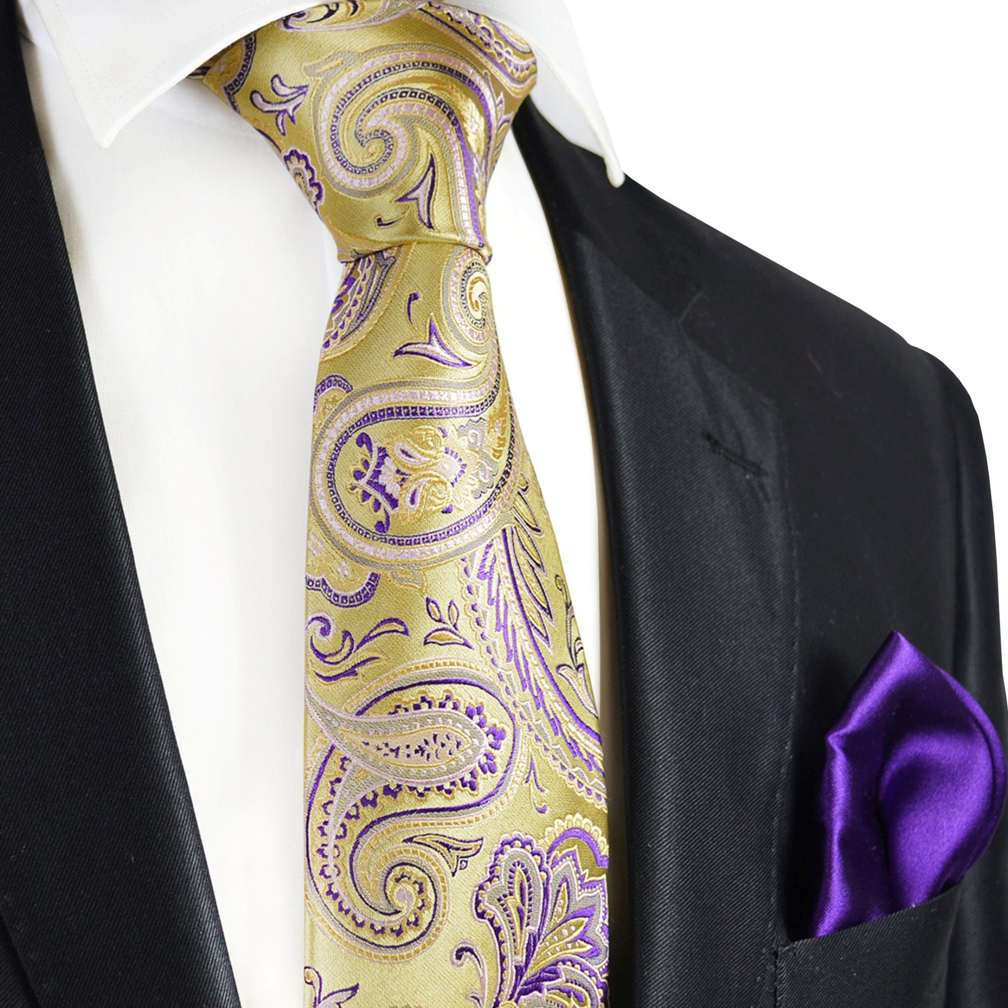 Paul Malone Krawatte 7-Fold Seidenkrawatte Schlips modern elegant 100% Seide paisley (Set, 2-St., mit Einstecktuch) gelb gold lila violett S14111-23