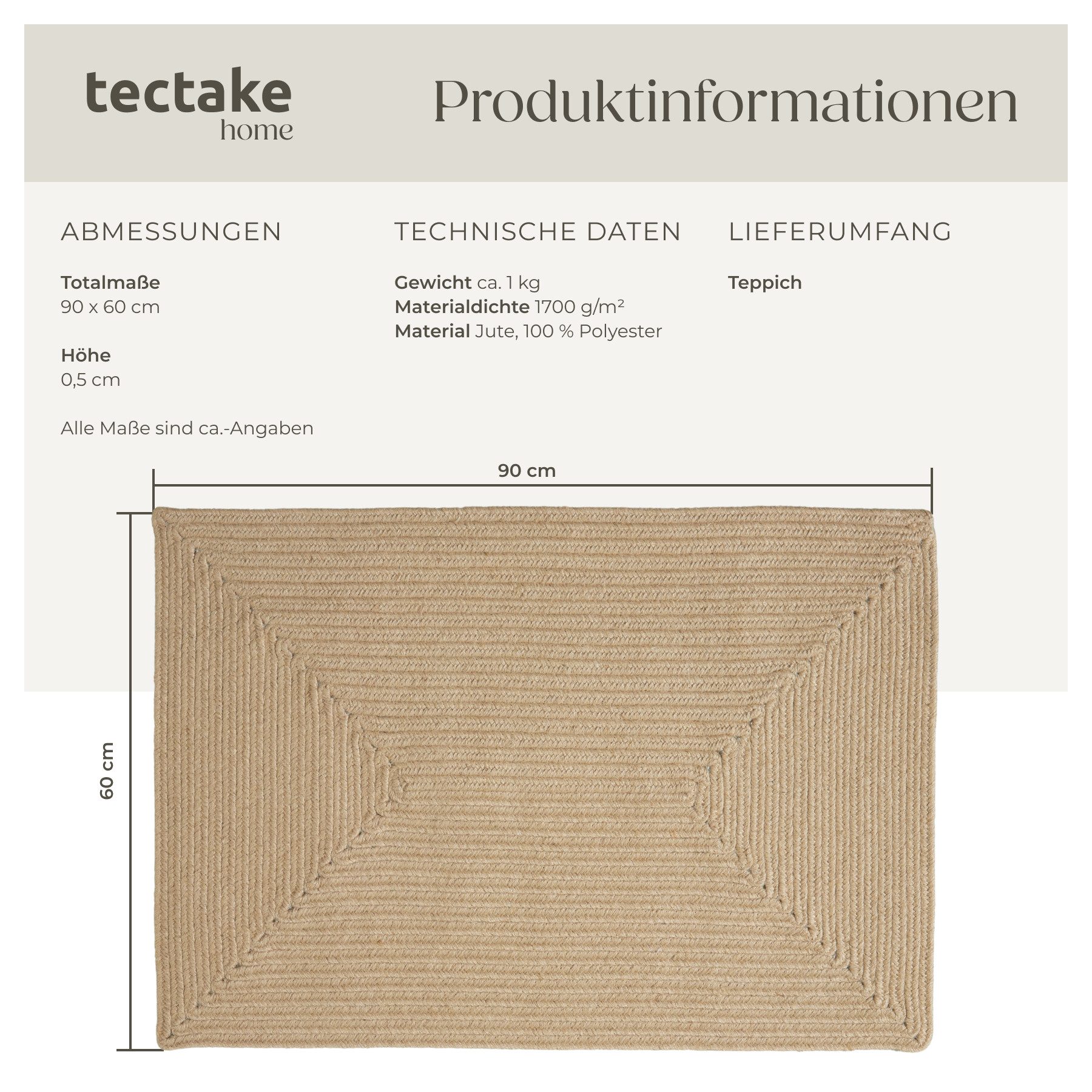 tectake Teppich Geflochtener Teppich, Rechteck, Höhe: 0.5 mm, verschiedene Größen
